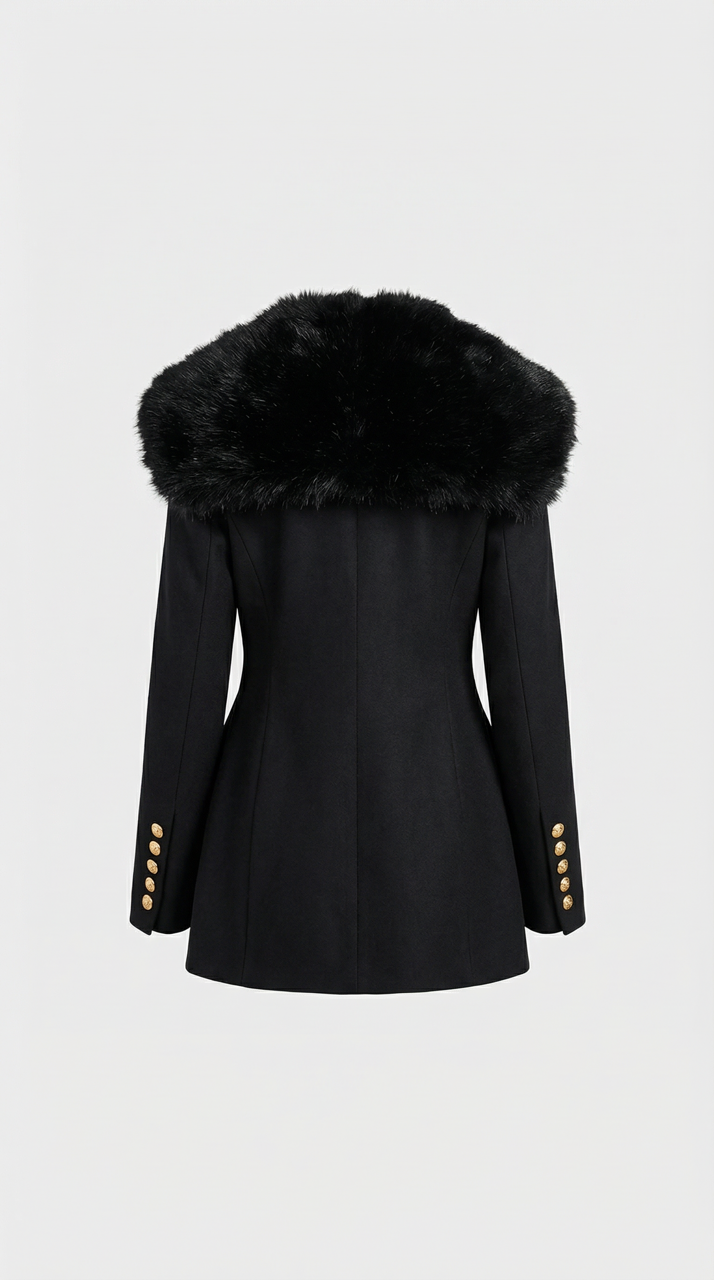 Fur-Collar Tailored Coat with Double-Strap Belt and Gold Hardware