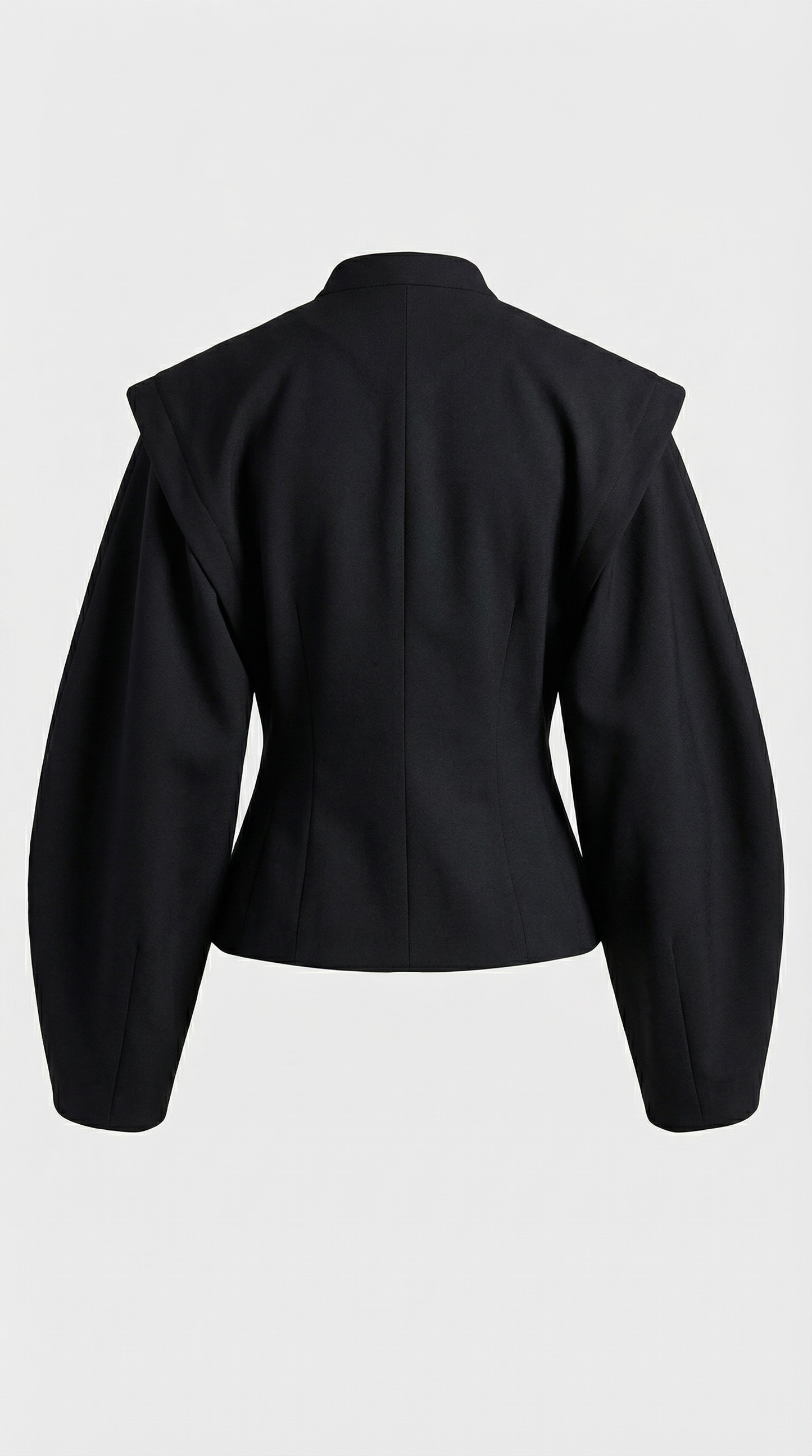 Sculpted Black Wrap Jacket with Stand Collar and Asymmetric Design