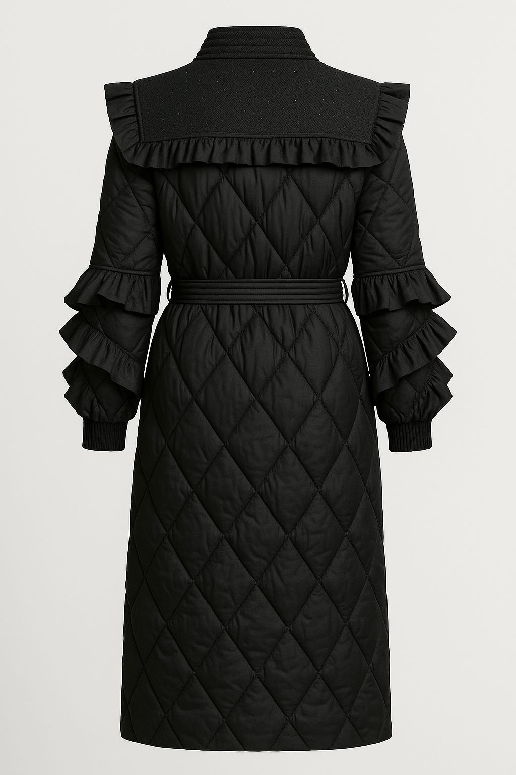 Diamond-Quilted Down Coat with Tweed-Textured Upper Yoke