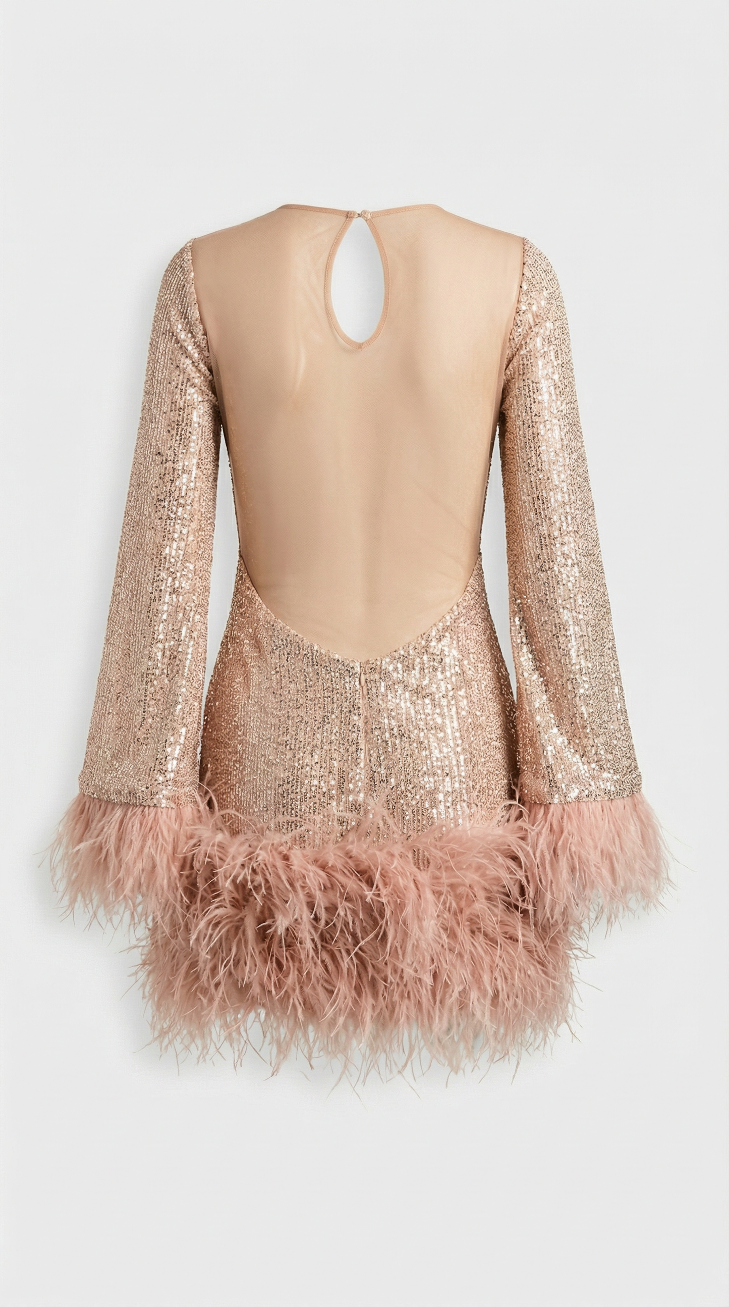 Elegant Short Dress with Dramatic Open Back and Feather Details