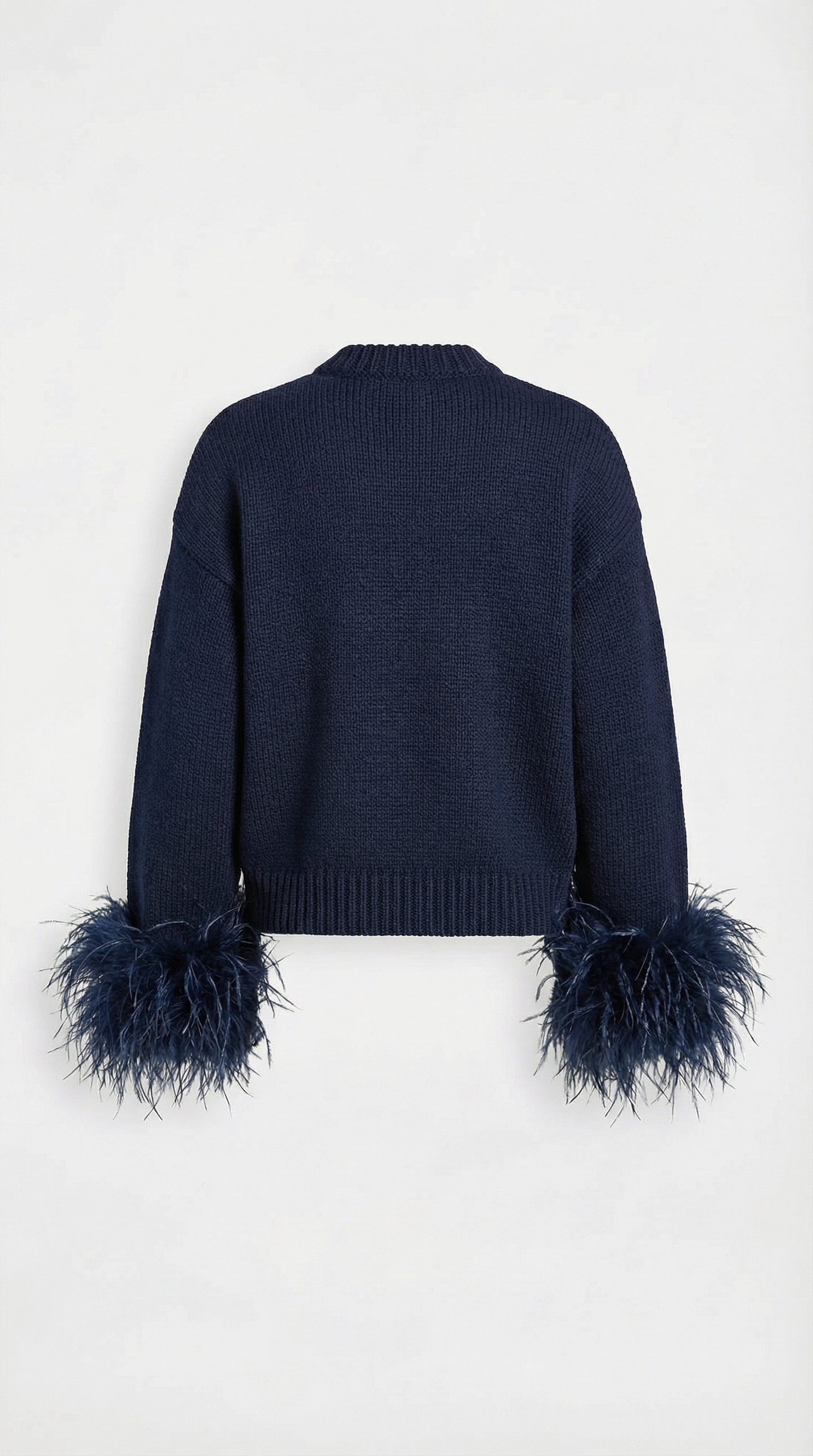 Feather-Trimmed Dark Blue Cotton Knit Cardigan
