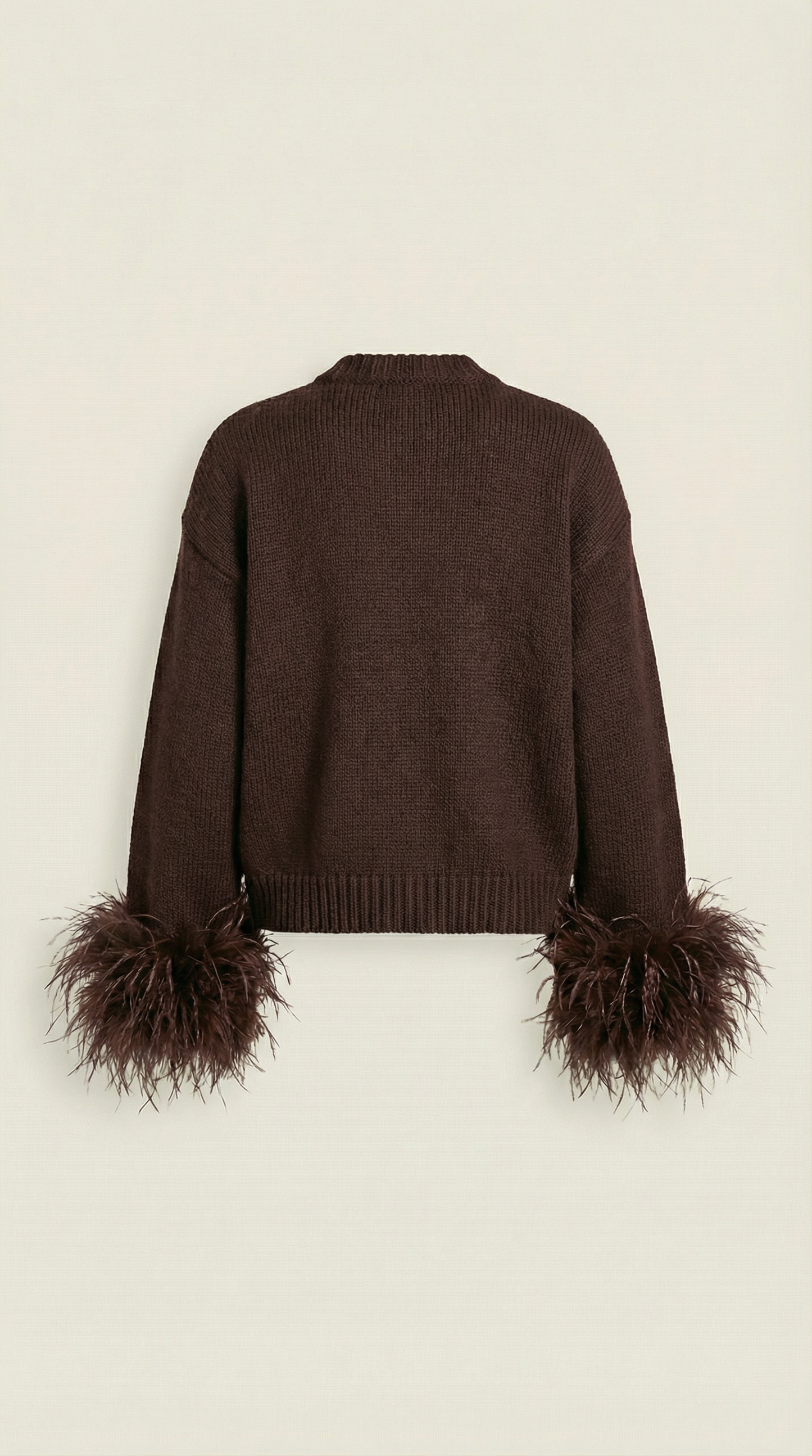 Feather-Trimmed Dark Brown Cotton Knit Cardigan