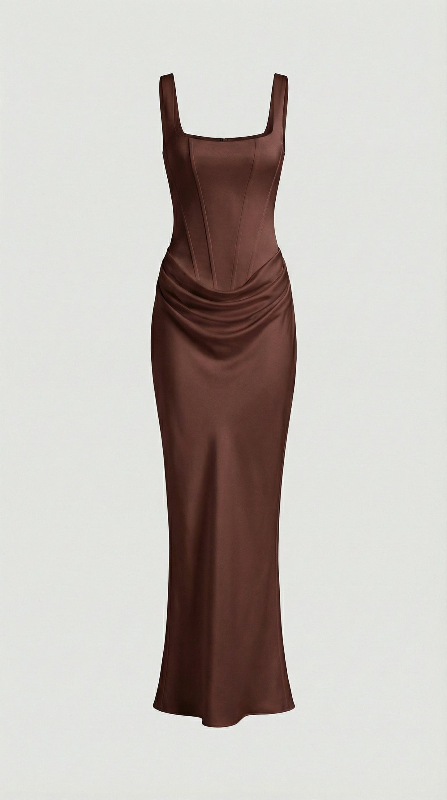 Sculptural Fishbone Draped Maxi Dress in Brown