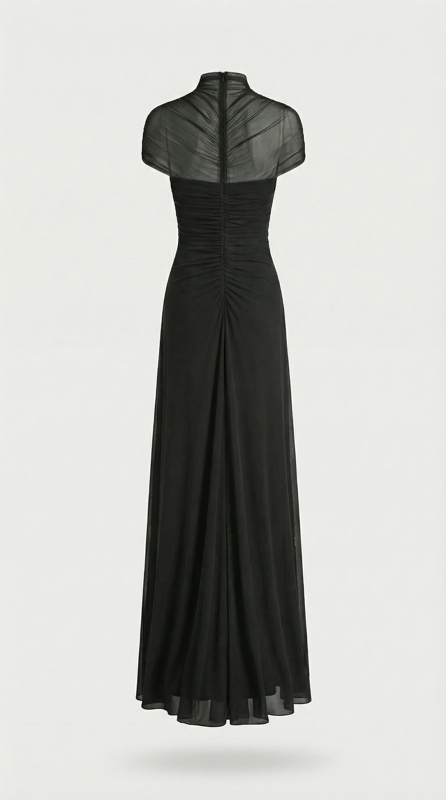 Black Ruched Irregular Mesh Cut-Out Maxi Dress