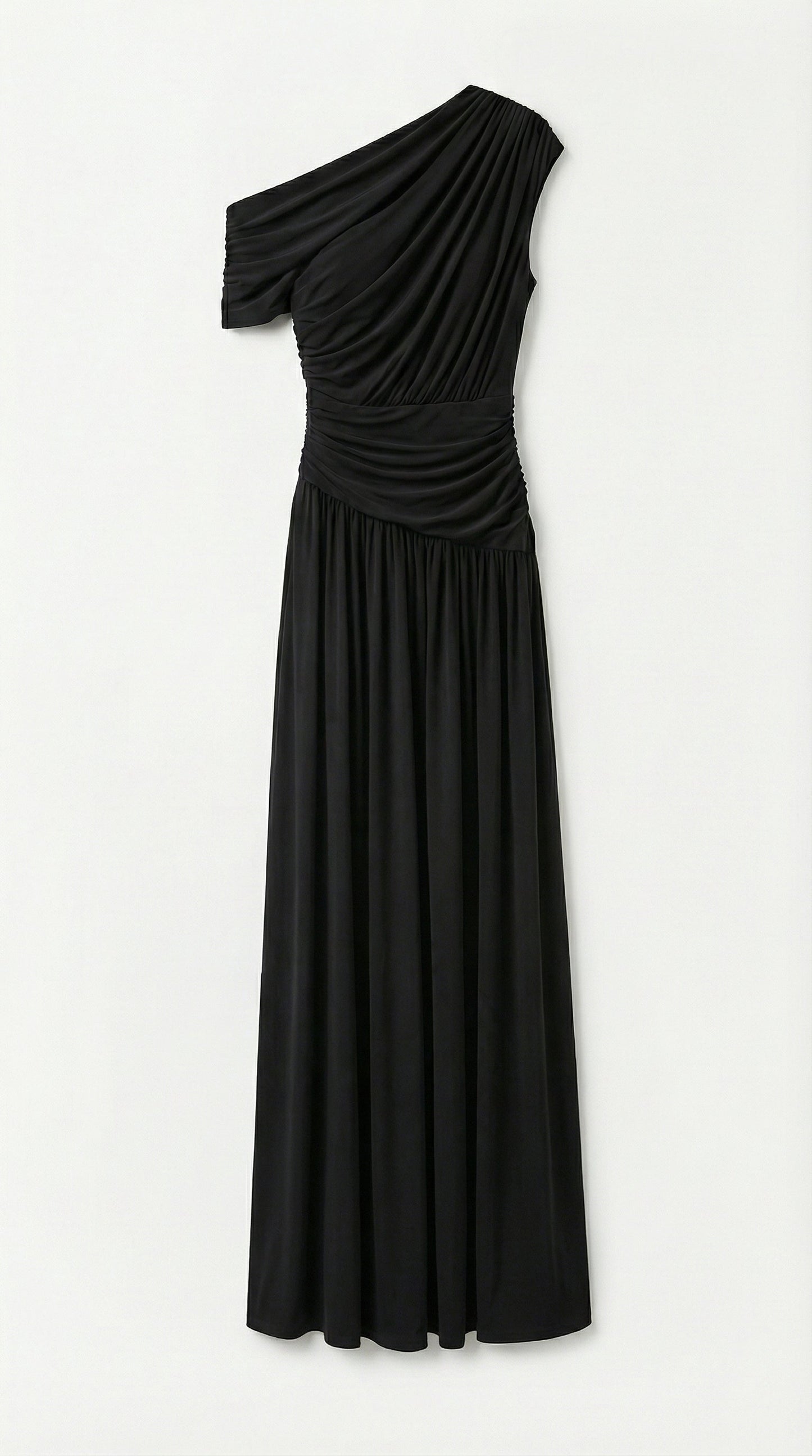 Black Diagonal Collar Pleated Irregular Dress