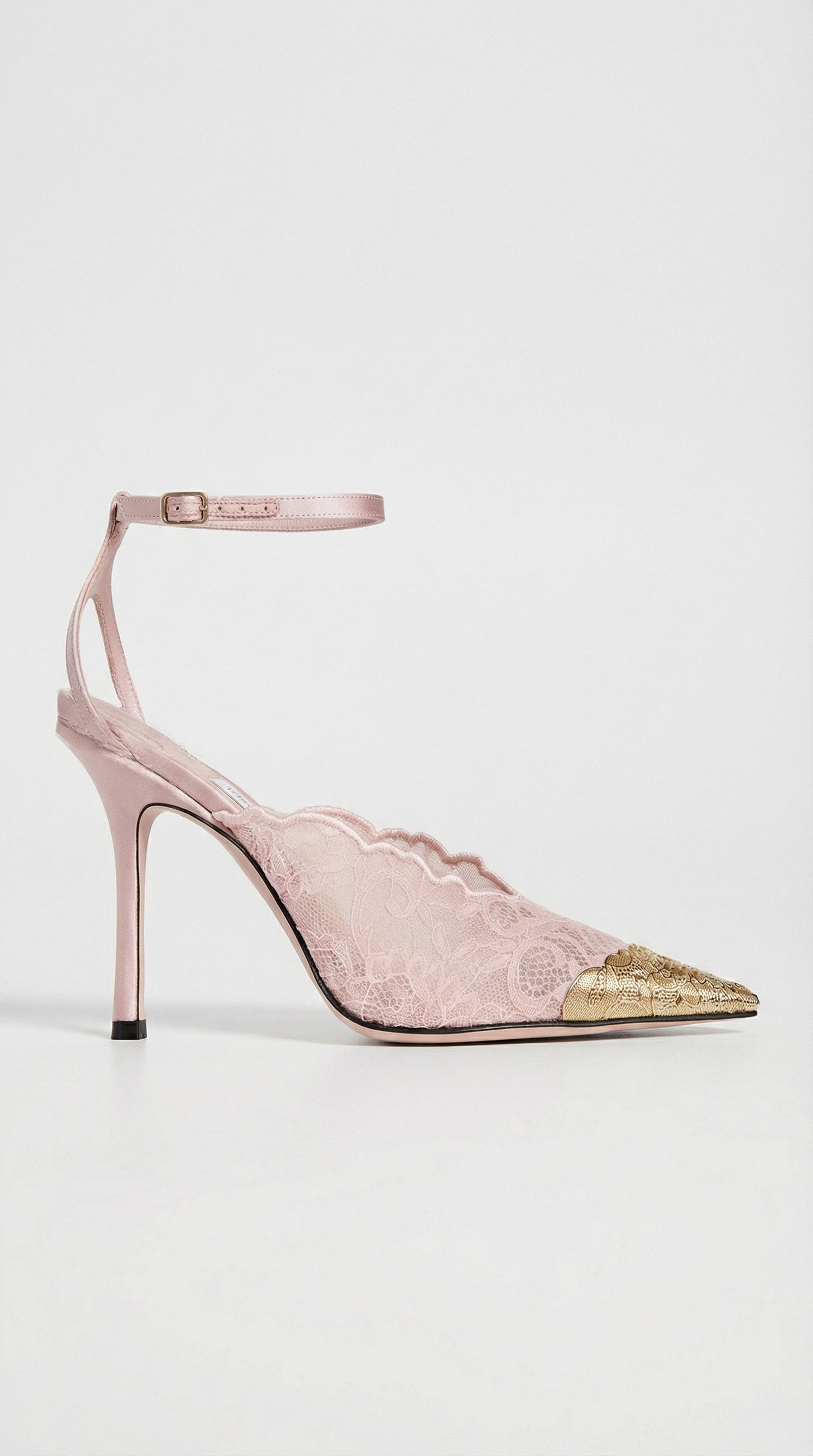Lace Embroidered Metal Pointed Heels in Pink