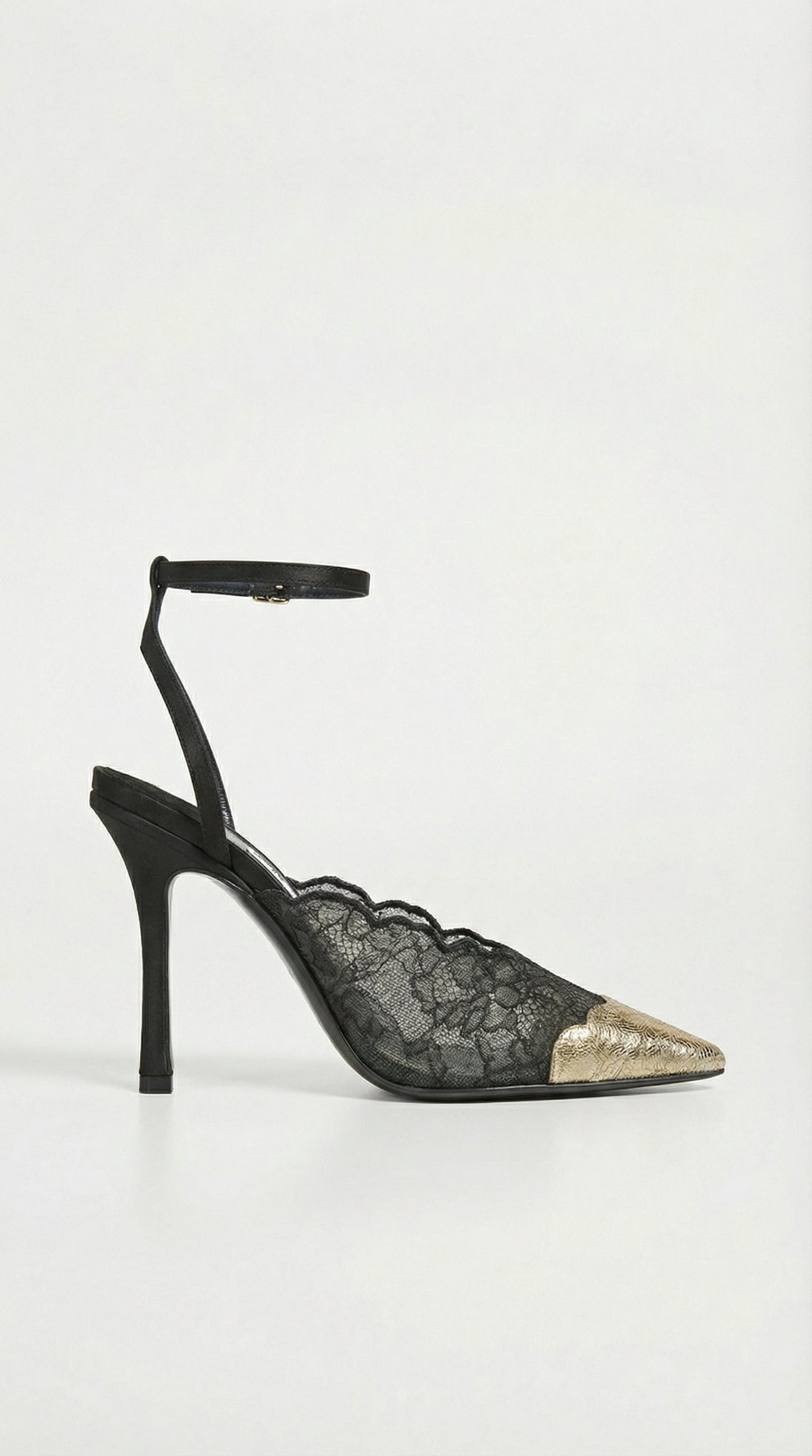 Lace Embroidered Black Metal Pointed Heels