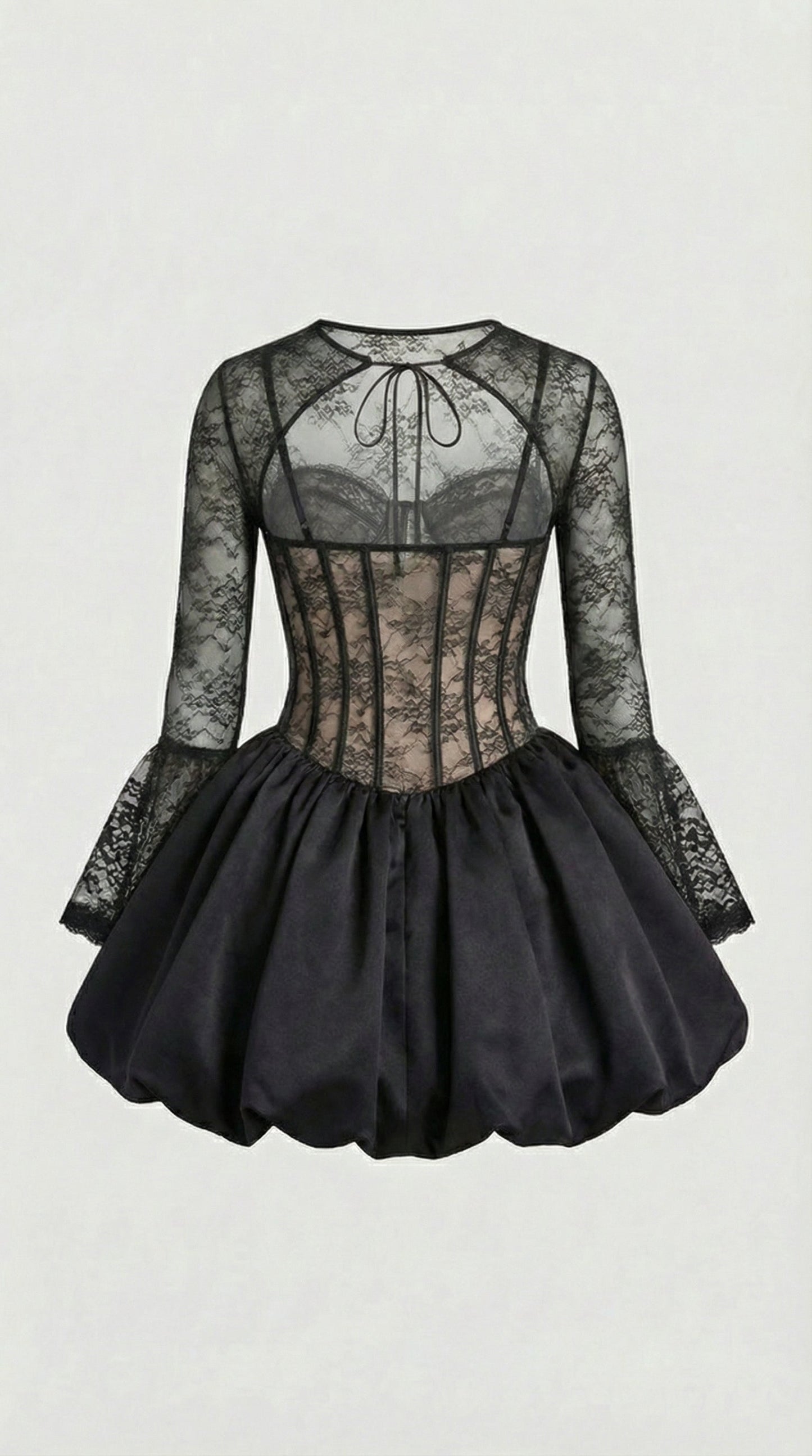 Black Lace Puffball Mini Dress