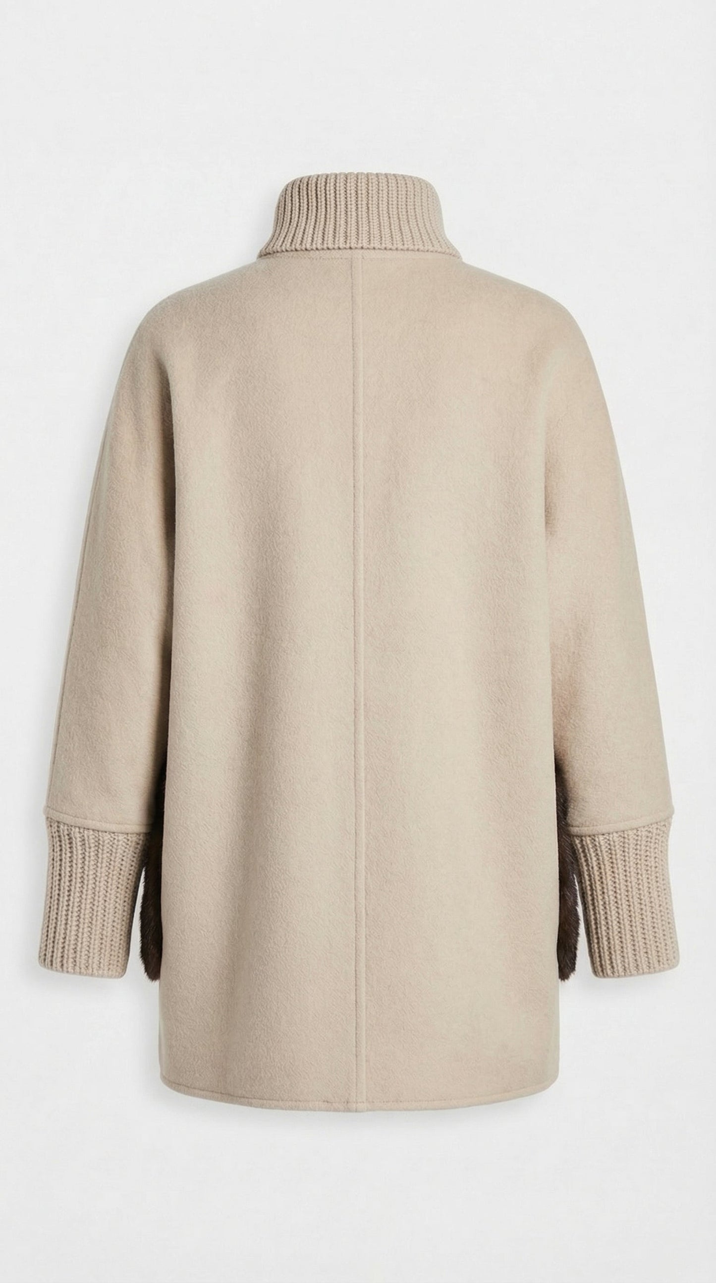 Beige Loose Knit Fur Sweater with Stand-Up Collar