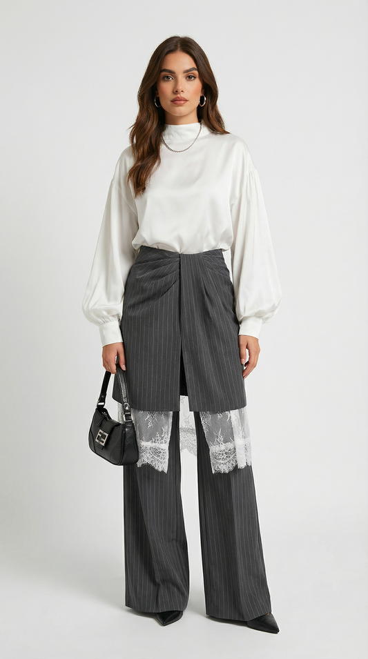Wide-Leg Striped Trousers with Architectural Overlay Skirt