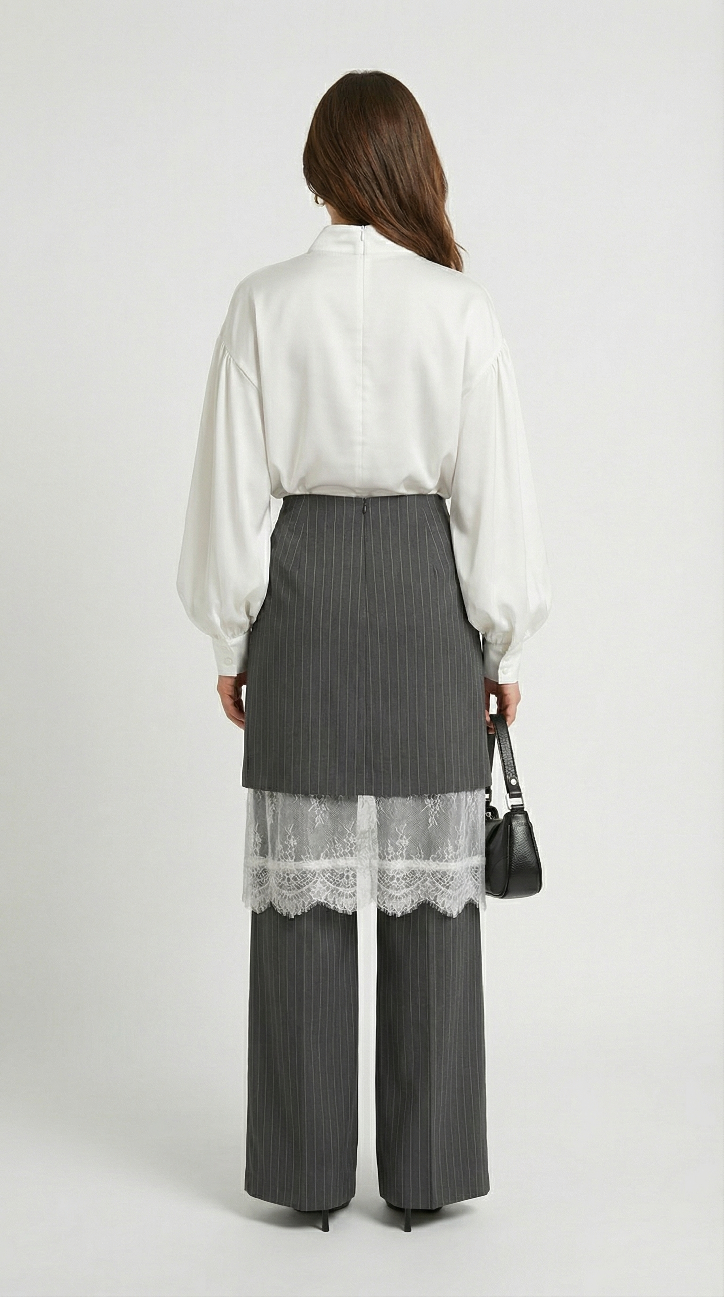Wide-Leg Striped Trousers with Architectural Overlay Skirt