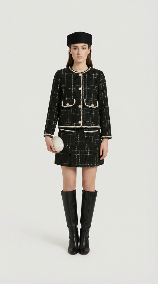 Woolen Tweed Suit Set with Jacket and Skirt