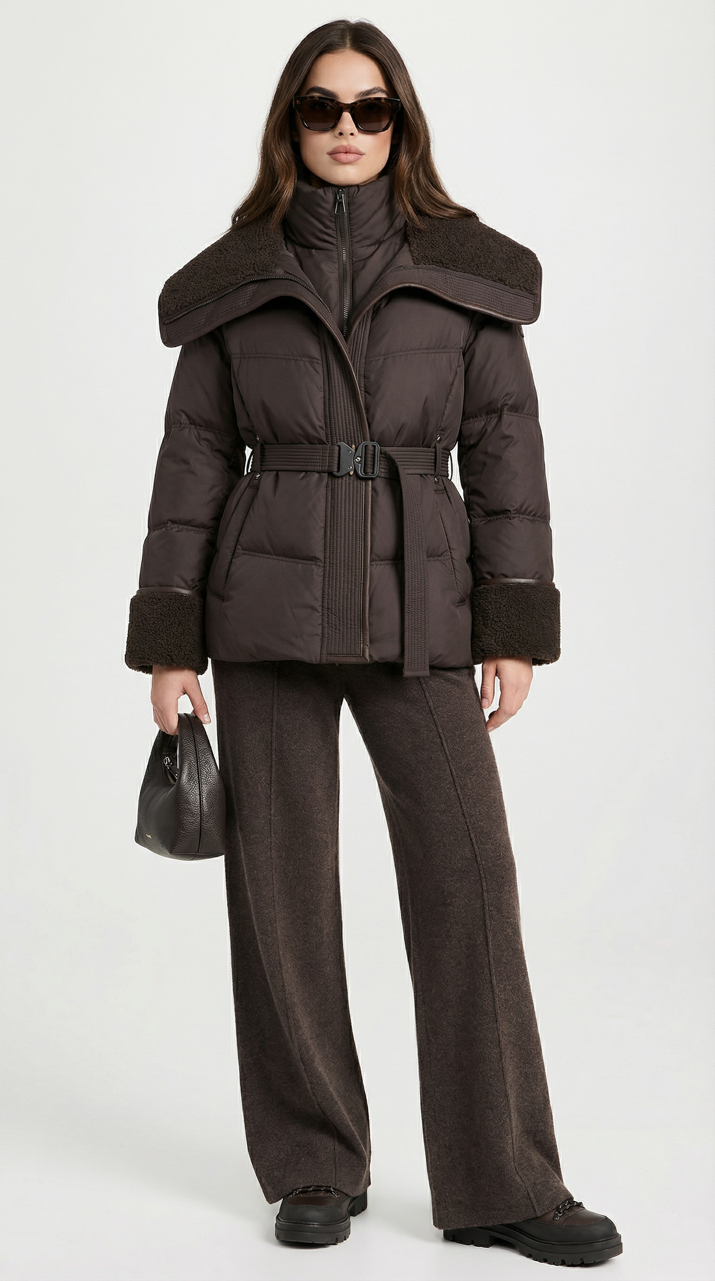 Chic Brown Down Jacket with Oversized Collar