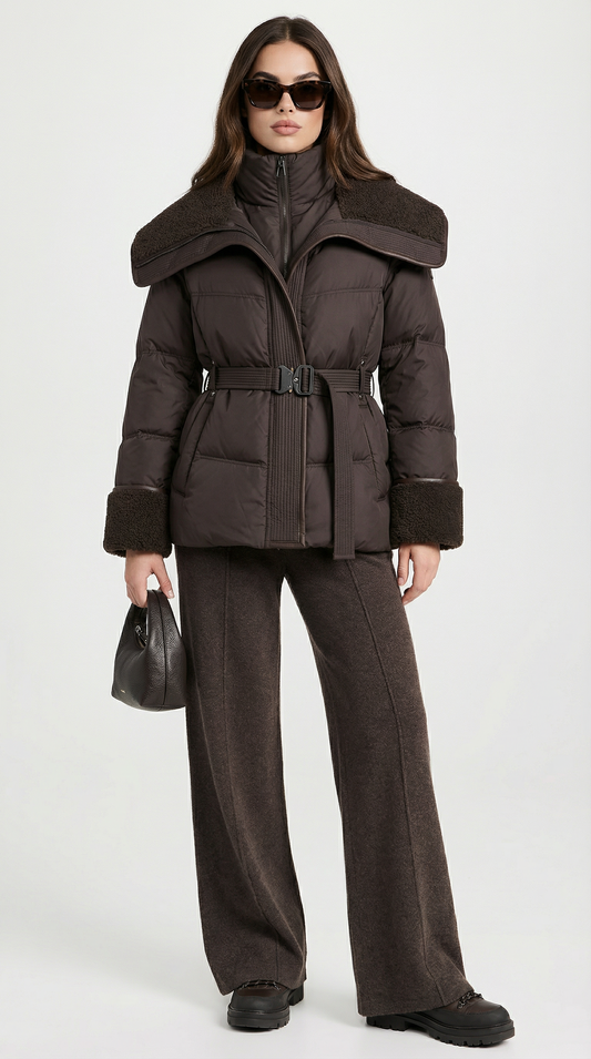 Chic Brown Down Jacket with Oversized Collar