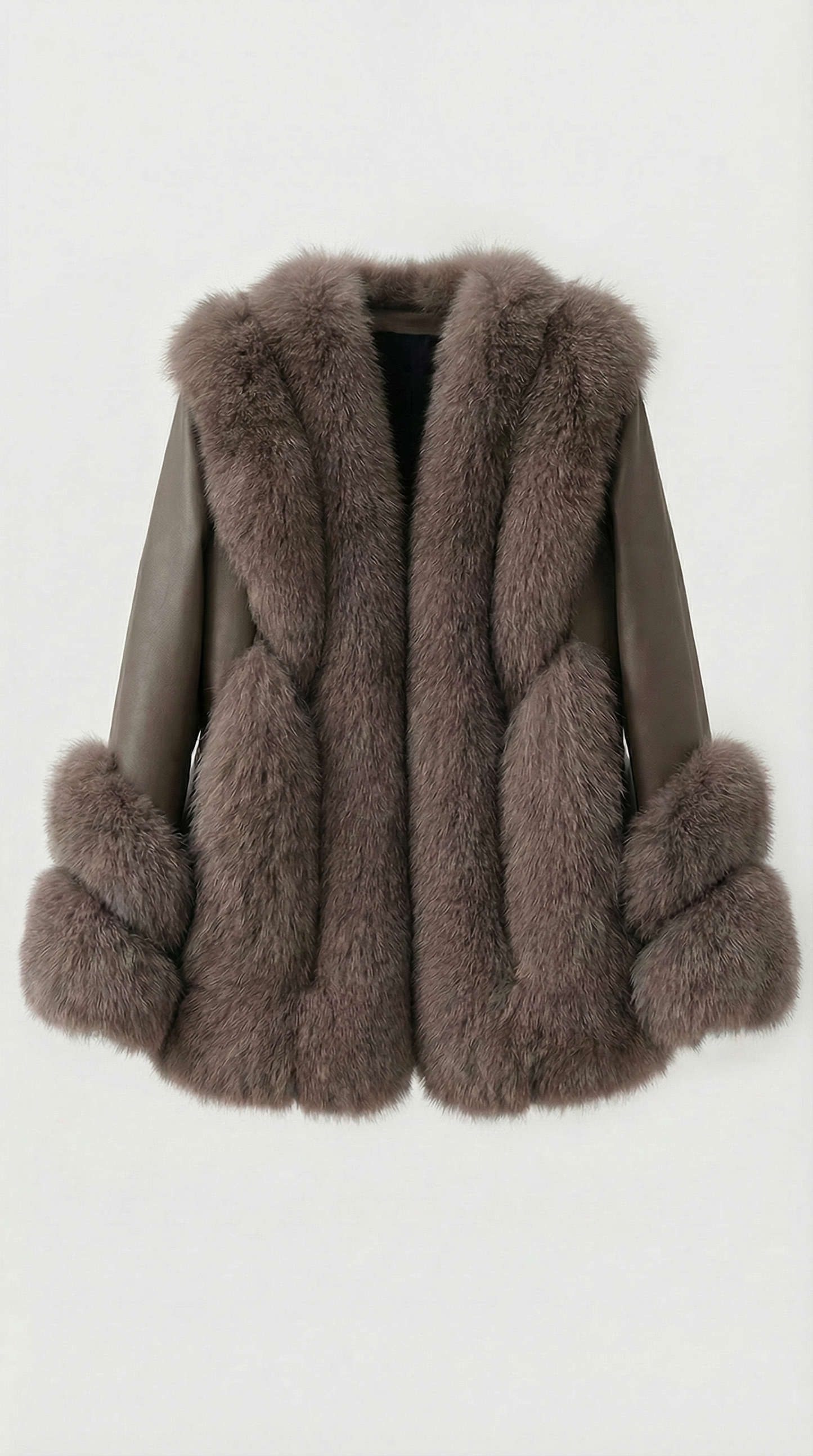 Classic Brown Fox Fur and Genuine Leather Coat