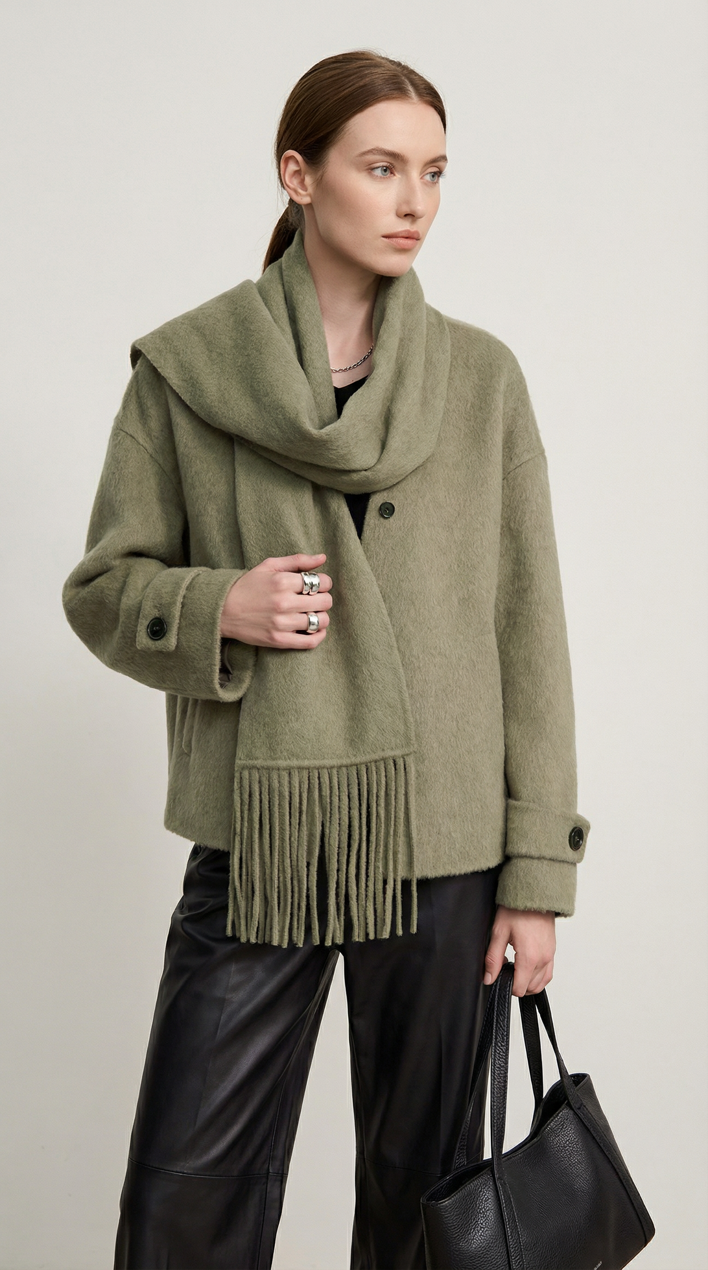 Natural Wool Jacket with Scarf Collar and Sculpted V-Neck