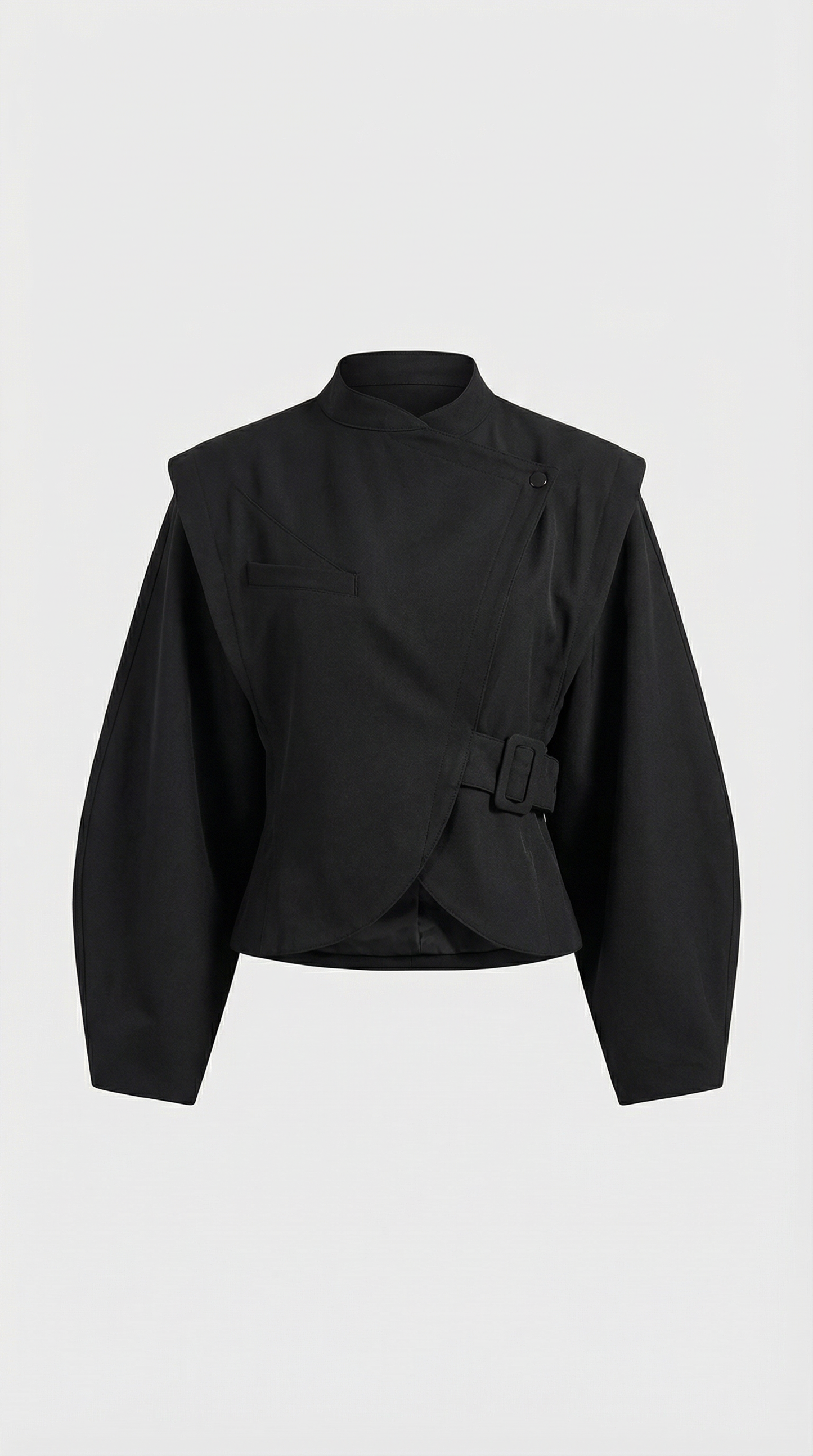 Sculpted Black Wrap Jacket with Stand Collar and Asymmetric Design