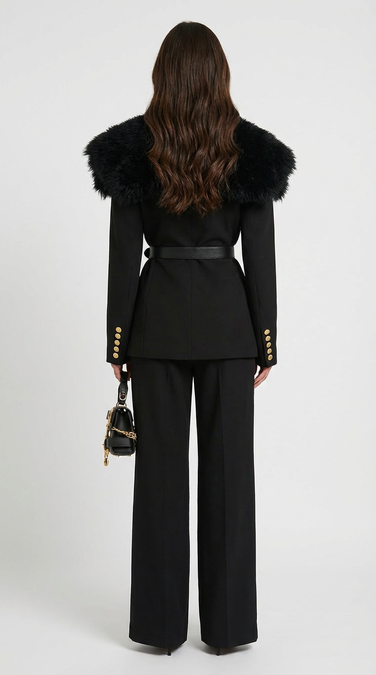 Fur-Collar Tailored Coat with Double-Strap Belt and Gold Hardware
