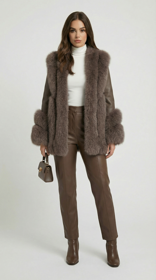 Classic Brown Fox Fur and Genuine Leather Coat