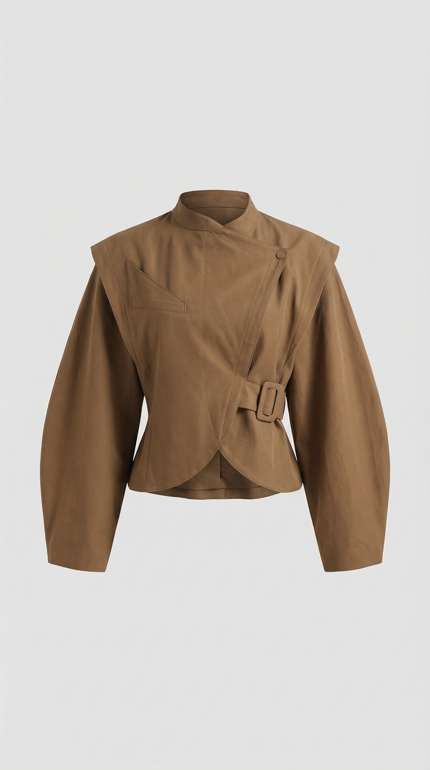 Sculpted Asymmetric Wrap Jacket with Stand Collar in Brown