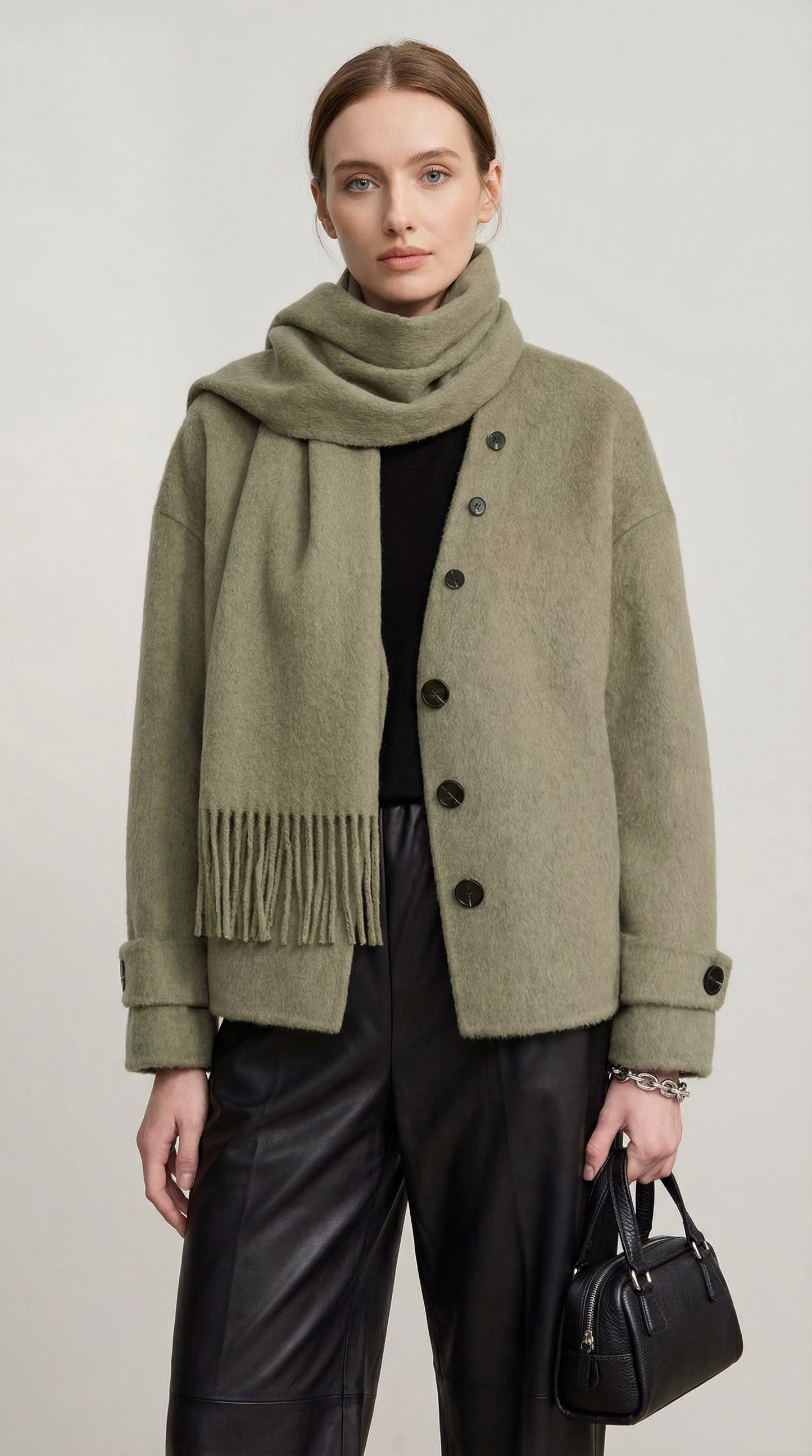 Natural Wool Jacket with Scarf Collar and Sculpted V-Neck