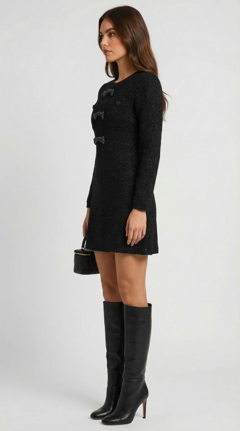 Long Sleeve Slim Fit Short Dress with Elegant Bow Accents