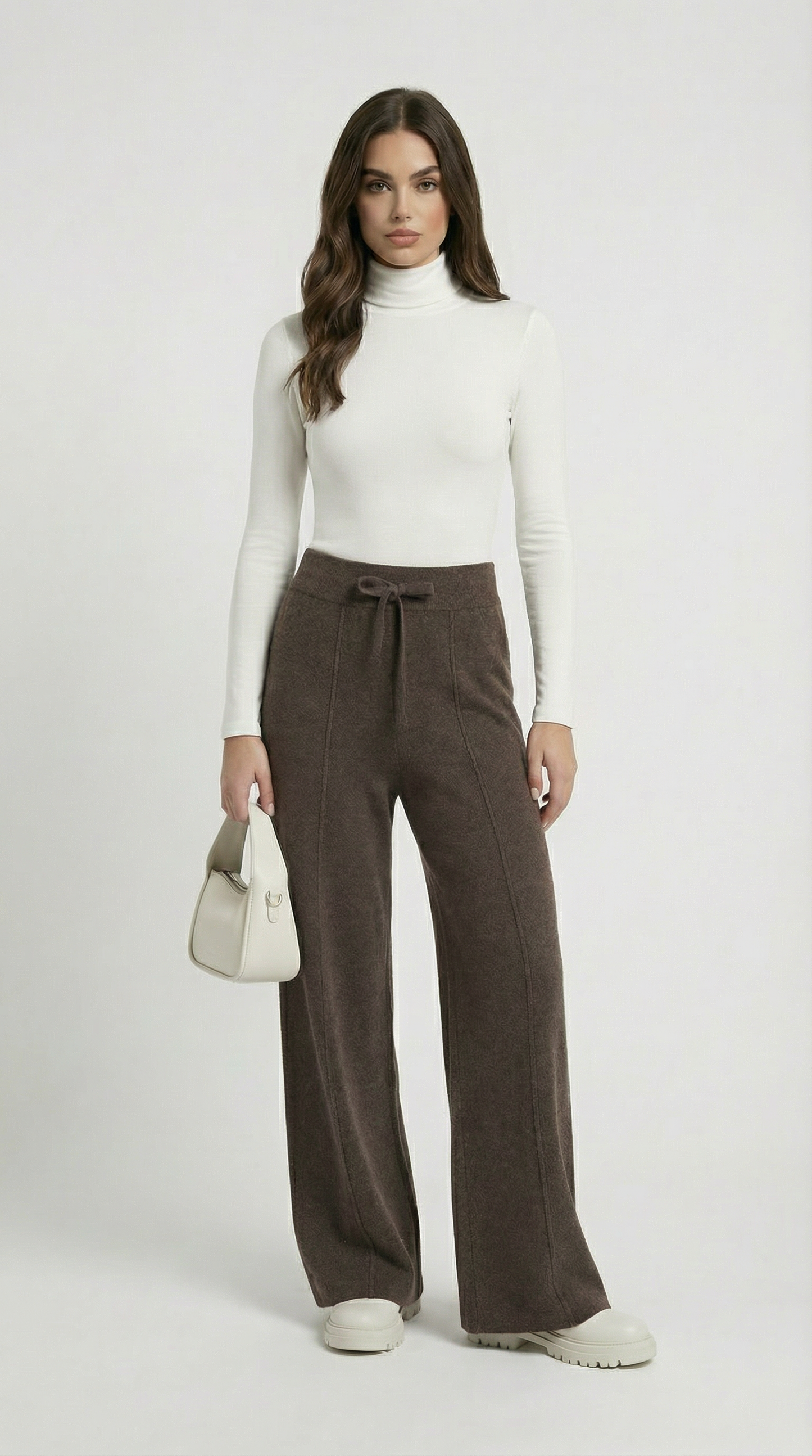 Merino Wool Wide Leg Pants in Brown