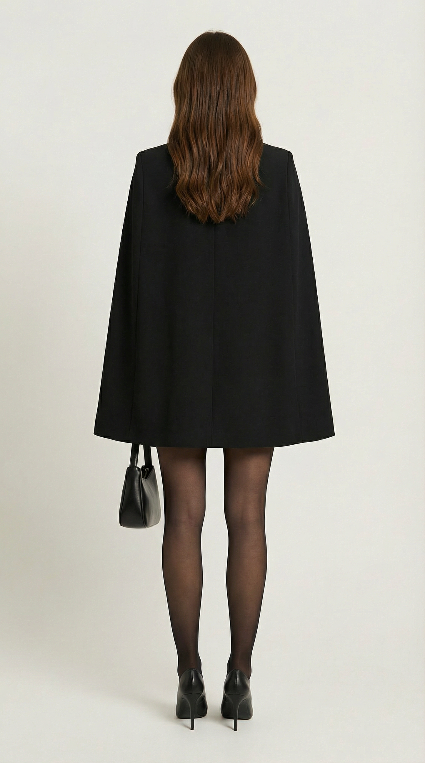 Elegant Black Cape Dress with Deep V-Neckline and Statement Button