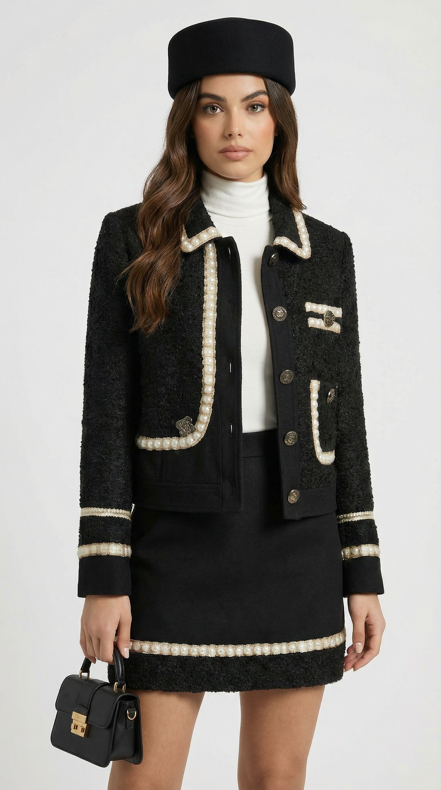 Tweed Black Suit Set with Top and Mini A-Line Skirt