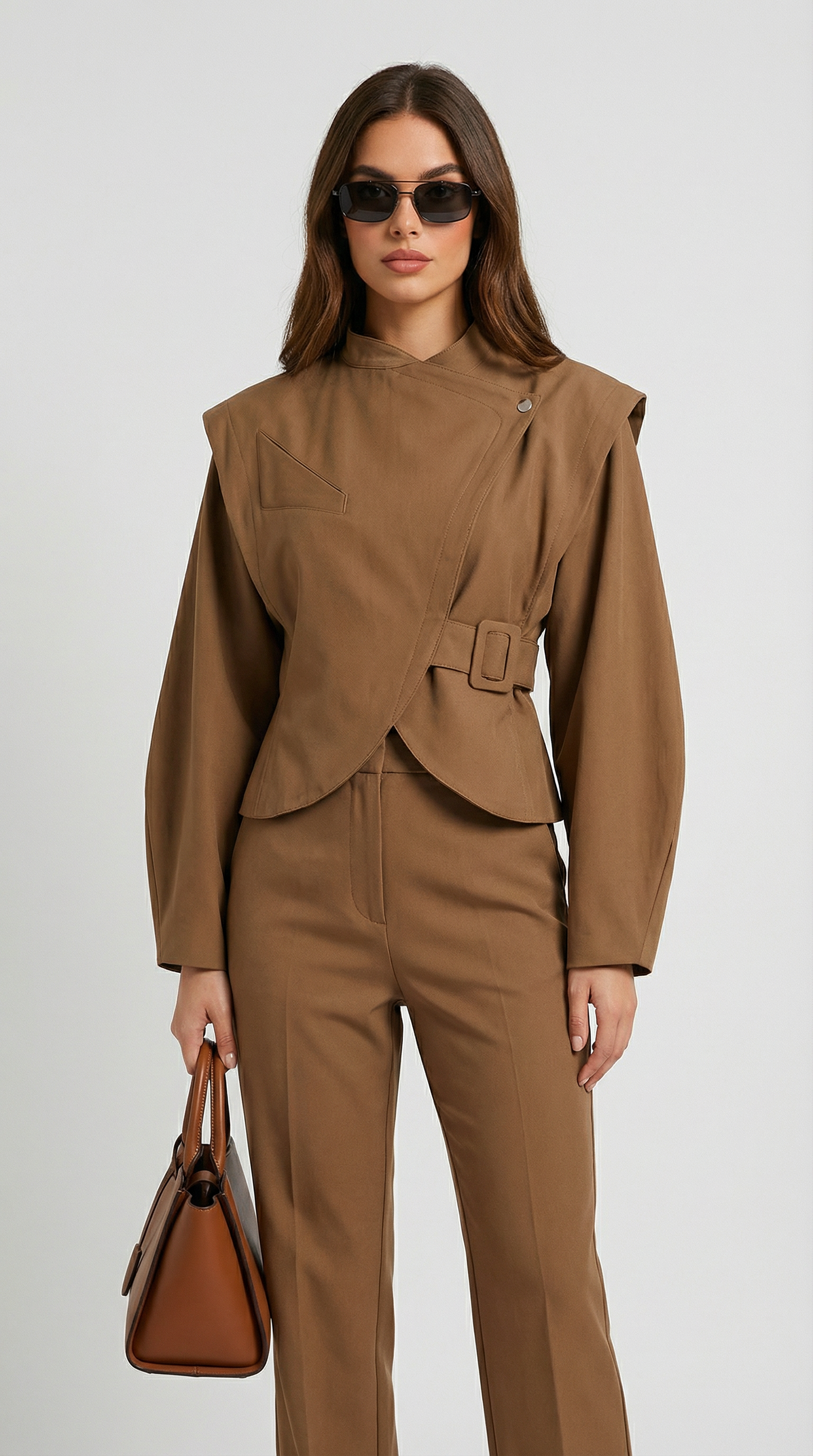 Sculpted Asymmetric Wrap Jacket with Stand Collar in Brown