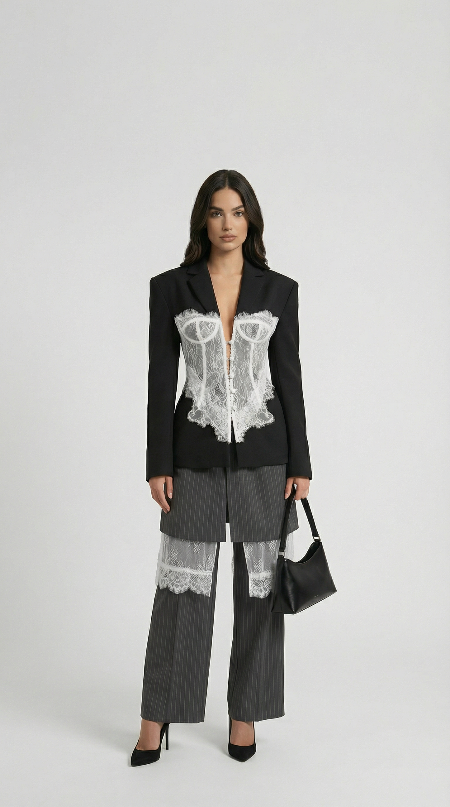 Spliced Lace Slimming Blazer with V Collar and Long Sleeves