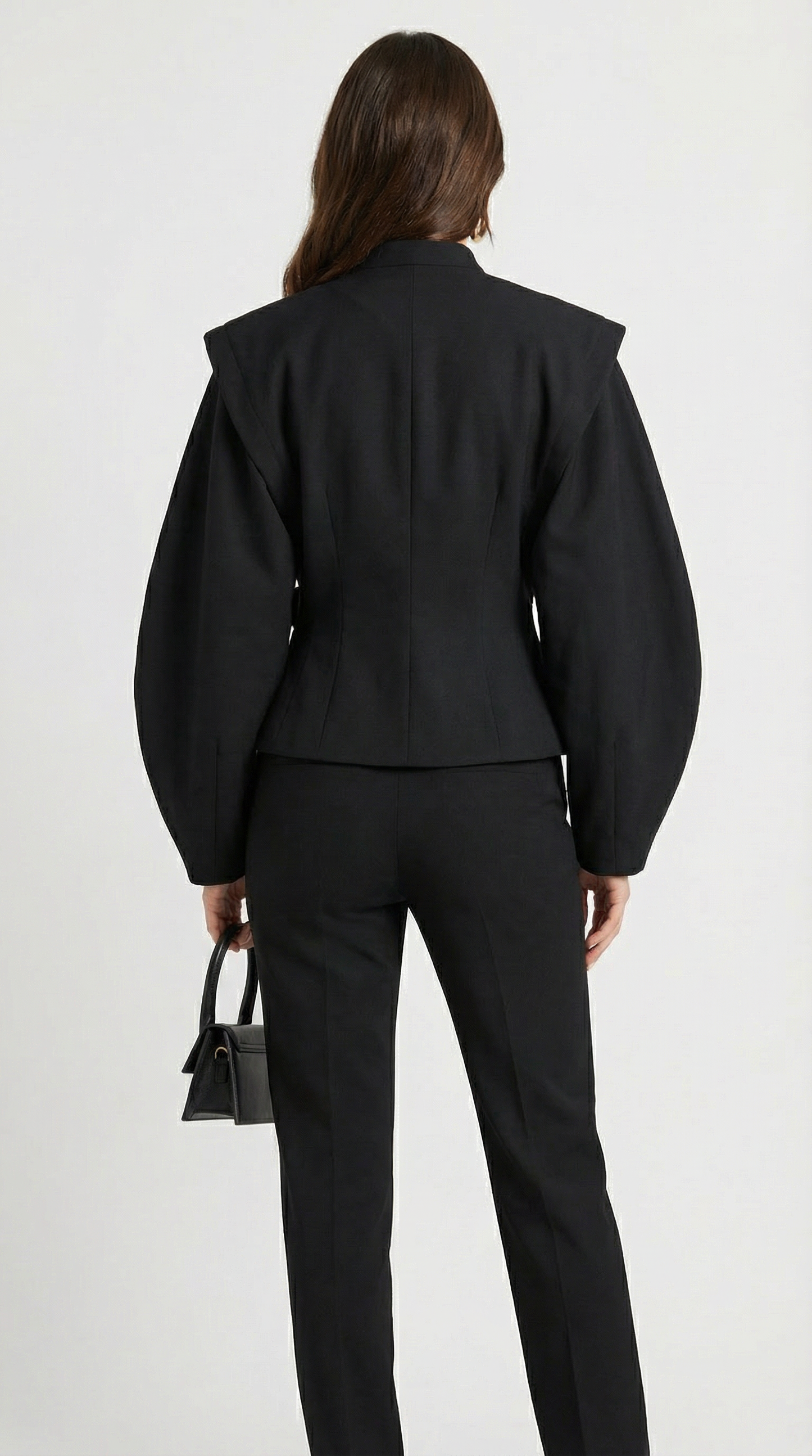 Sculpted Black Wrap Jacket with Stand Collar and Asymmetric Design