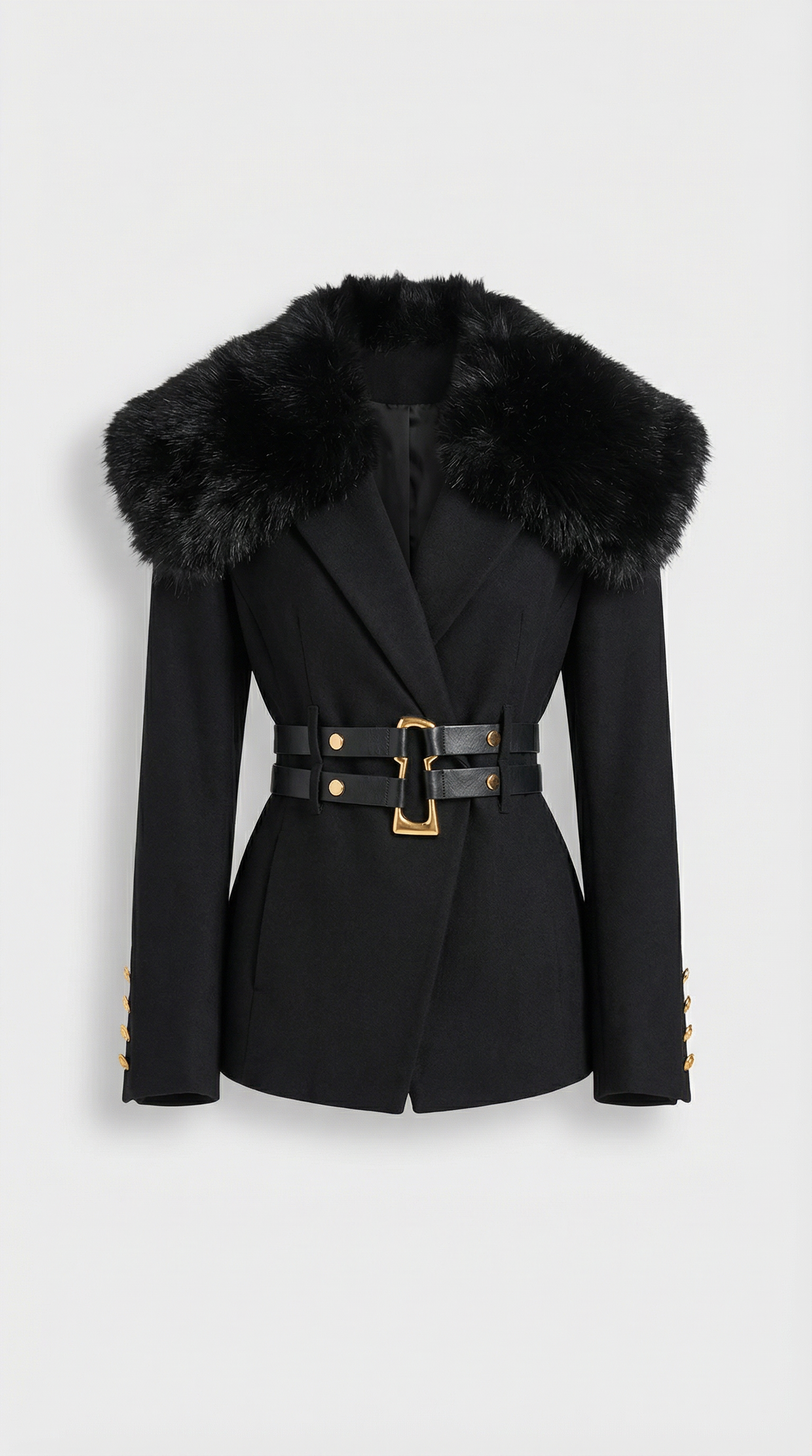 Fur-Collar Tailored Coat with Double-Strap Belt and Gold Hardware