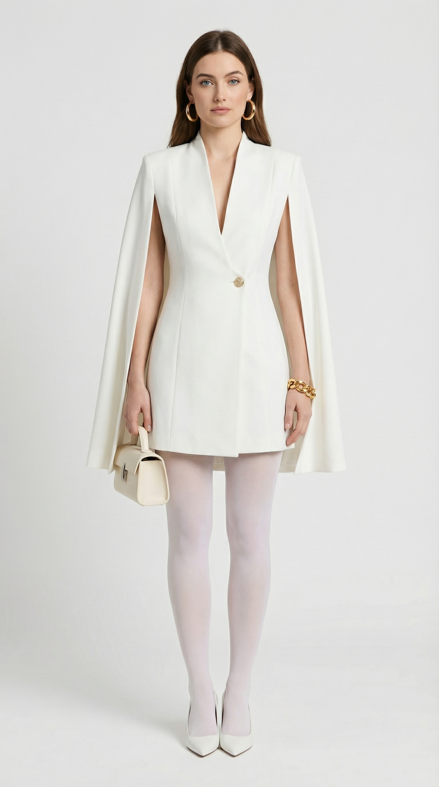 White Cape Dress with Deep V-Neckline and Statement Button