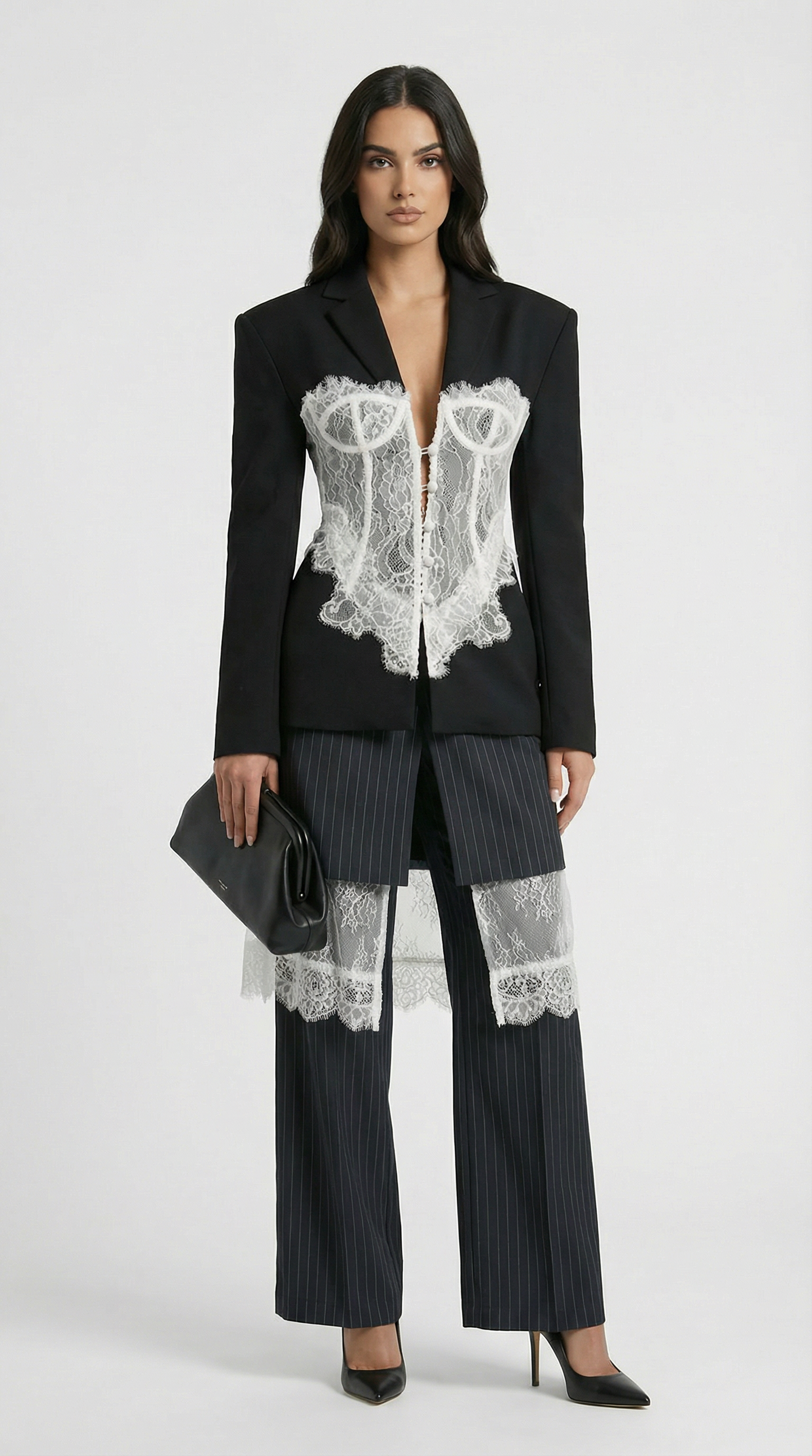Spliced Lace Slimming Blazer with V Collar and Long Sleeves