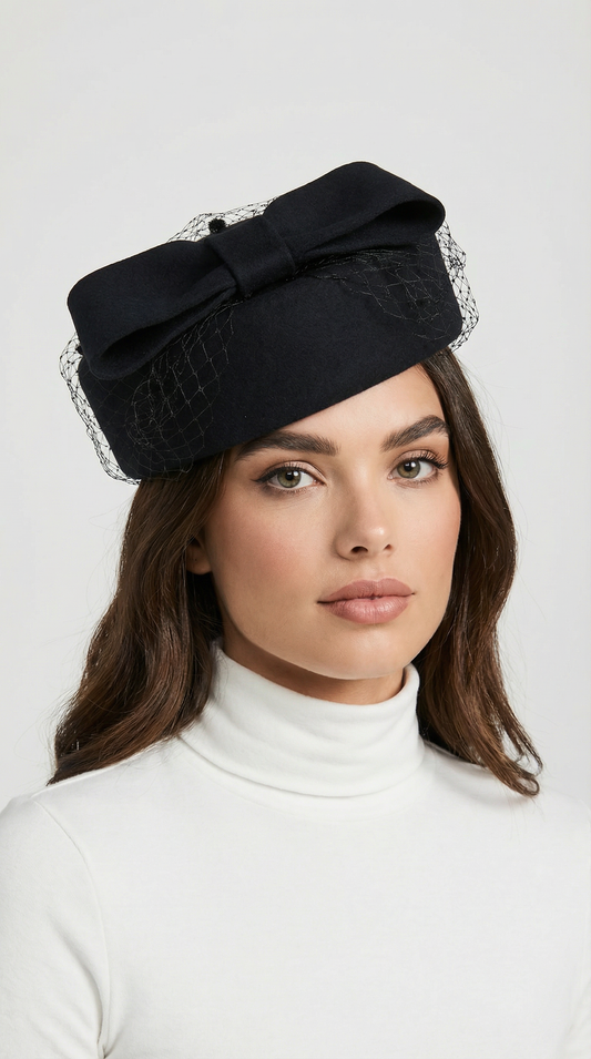 Elegant Black Wool Beret with Large Bow and Veil Detail