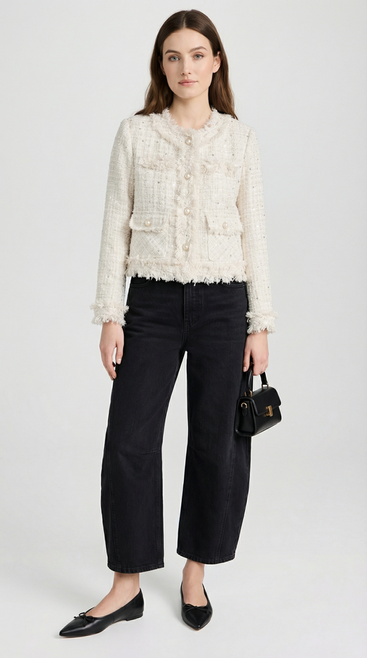 Elegant Slim Plaid Blazer with O-neck and Pearl Accents