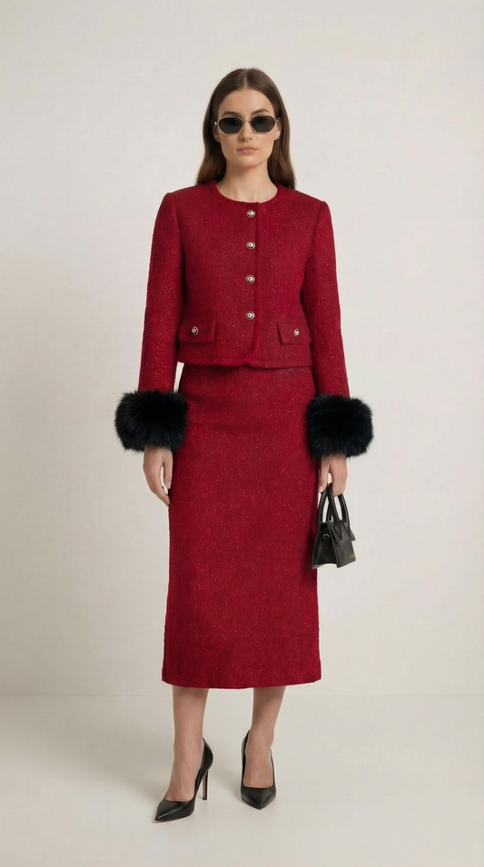 Red Stylish Jacket and Half Skirt Set - Modern Chic Ensemble