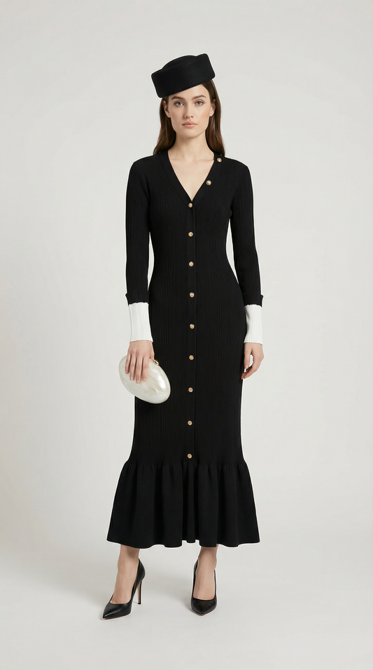 Women's Fishtail Dress with Deep V Neck and Decorative Buttons