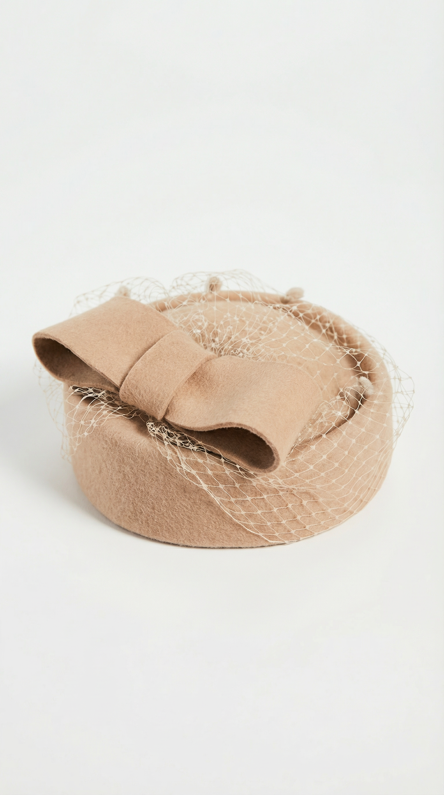Khaki Wool Beret with Large Bow and Veil Detail