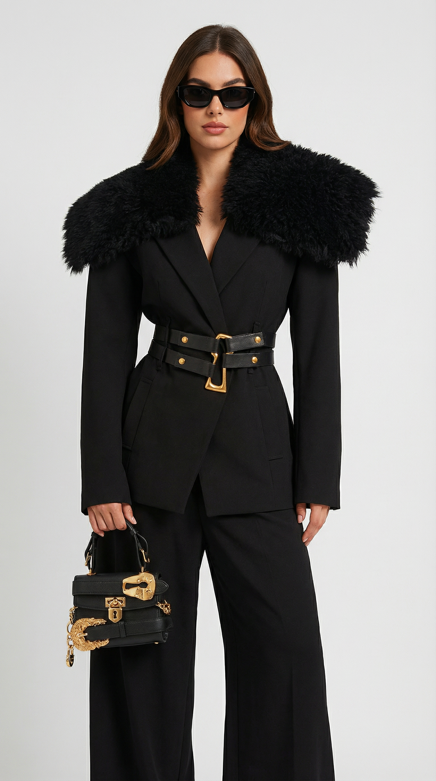 Fur-Collar Tailored Coat with Double-Strap Belt and Gold Hardware