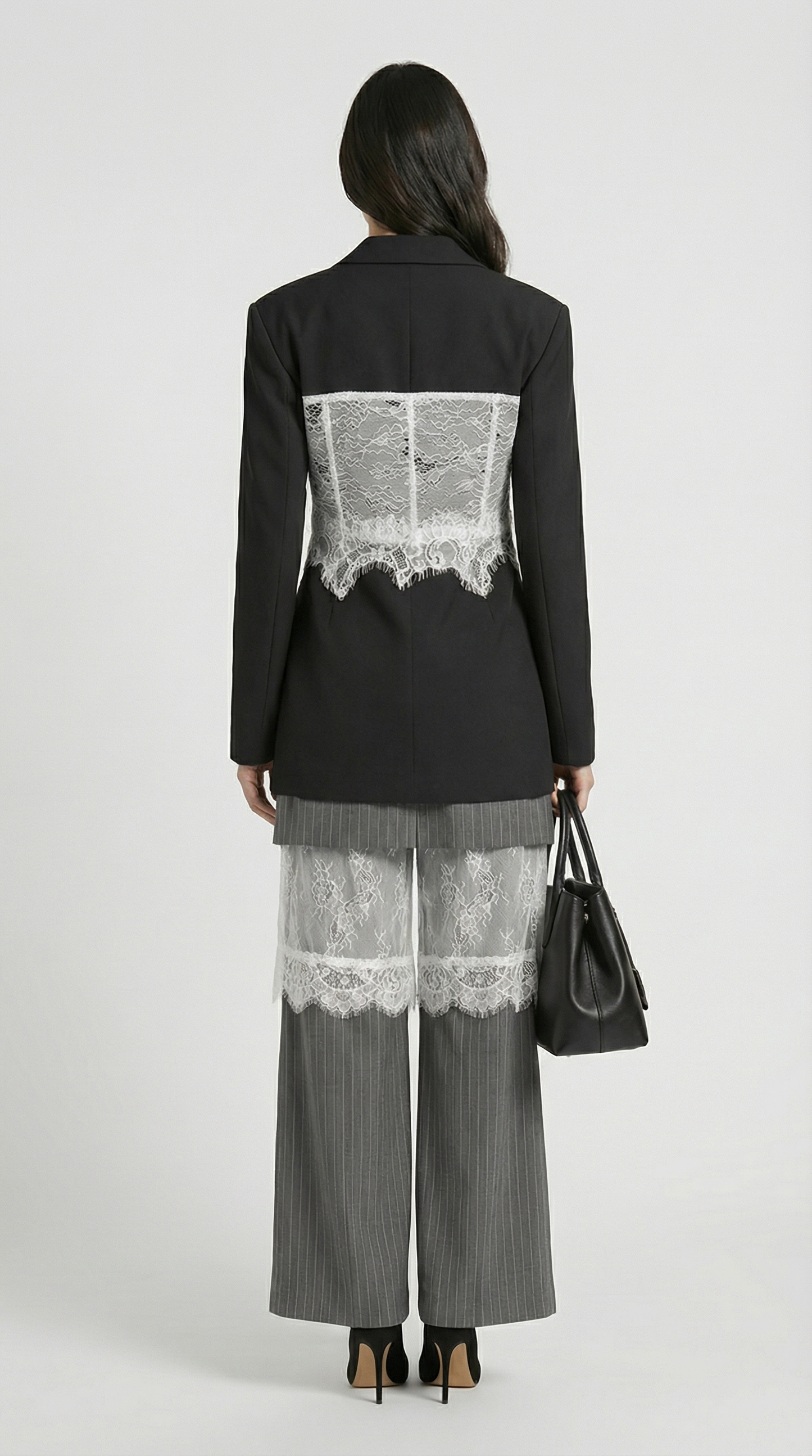 Spliced Lace Slimming Blazer with V Collar and Long Sleeves
