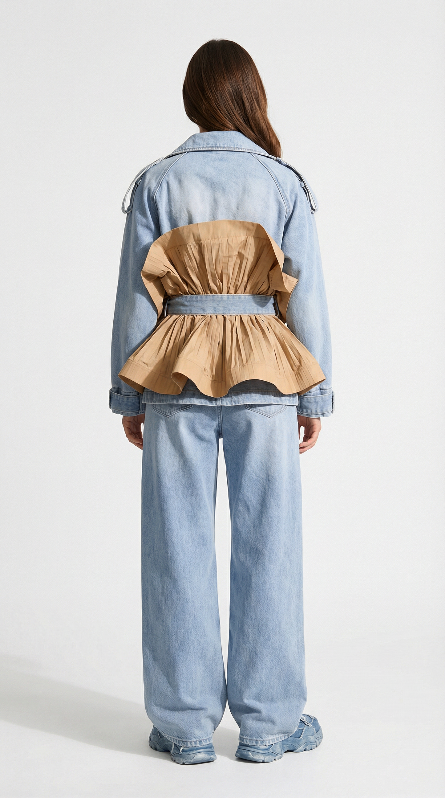 Ruffle Denim Jacket with Classic Lapel Collar