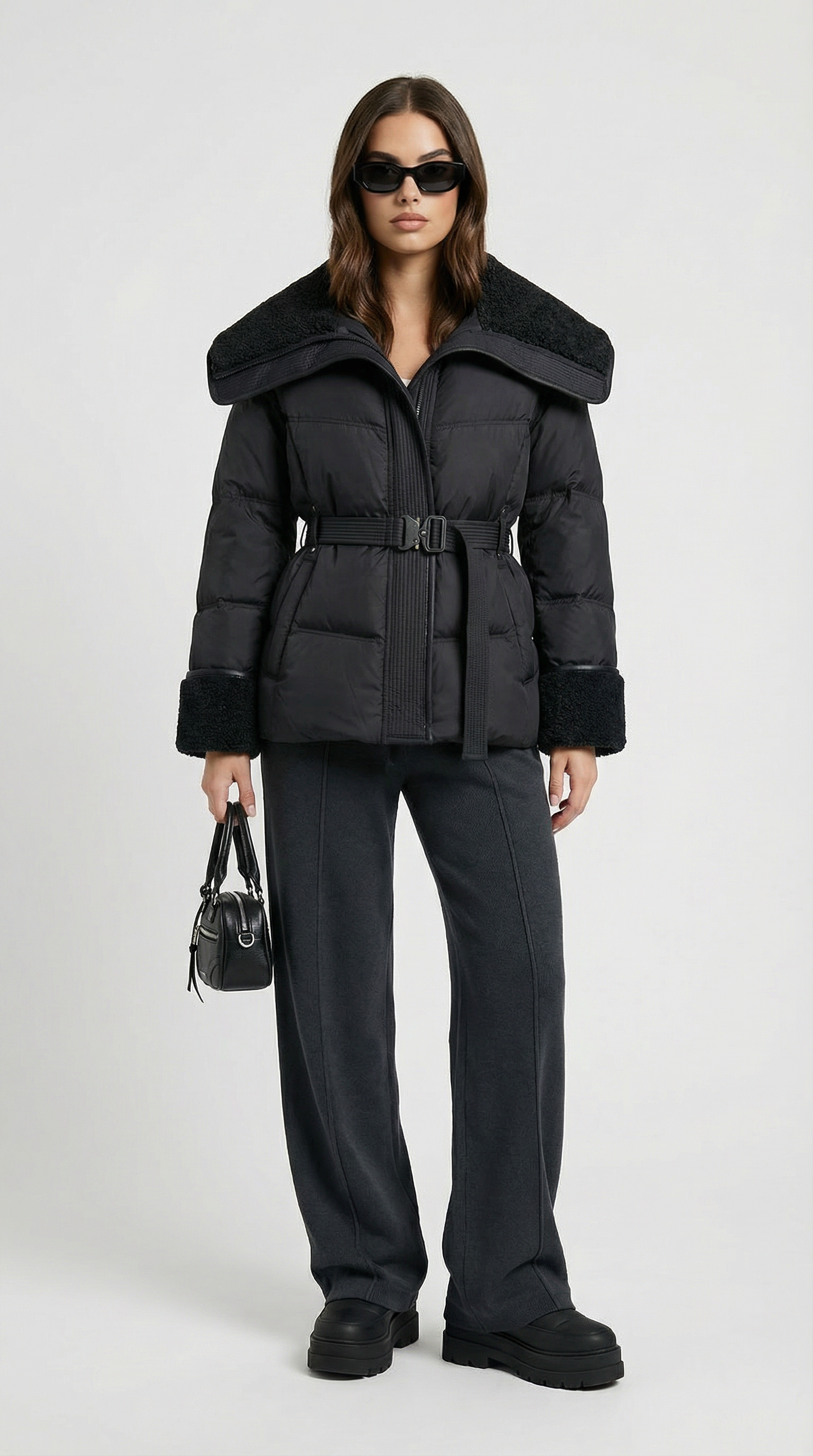 Chic Black Down Jacket with Oversized Collar