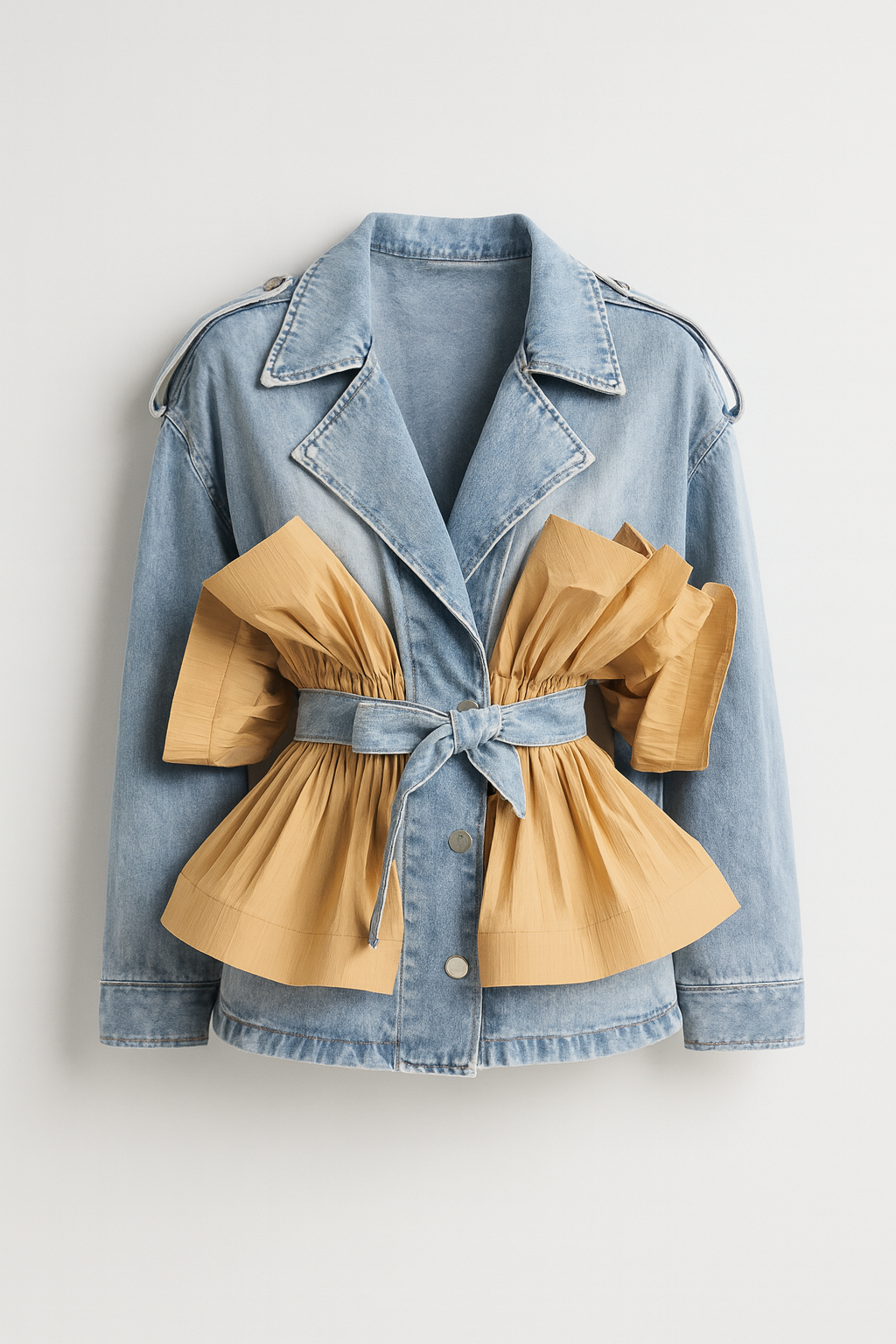 Ruffle Denim Jacket with Classic Lapel Collar