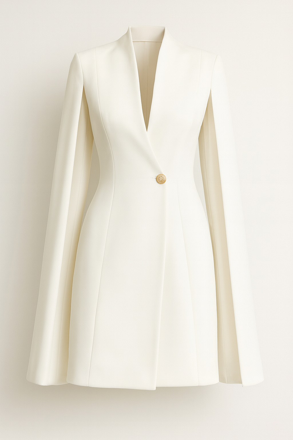 White Cape Dress with Deep V-Neckline and Statement Button
