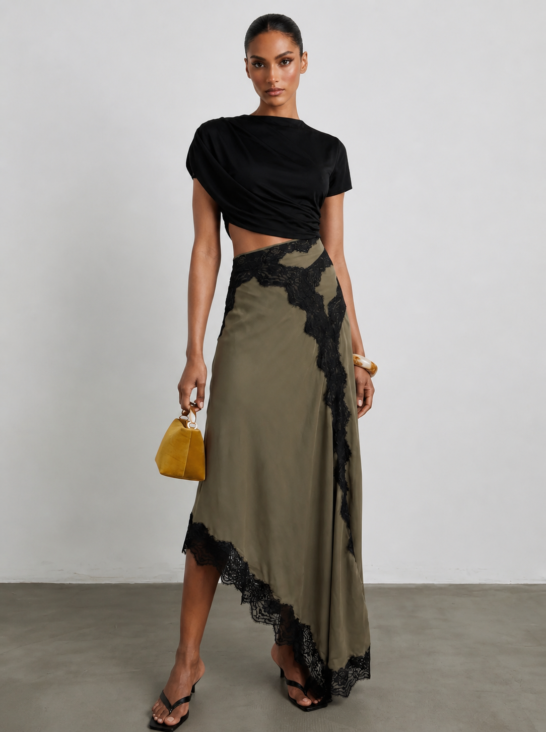 Chic Asymmetrical Top and Lace Maxi Skirt Set