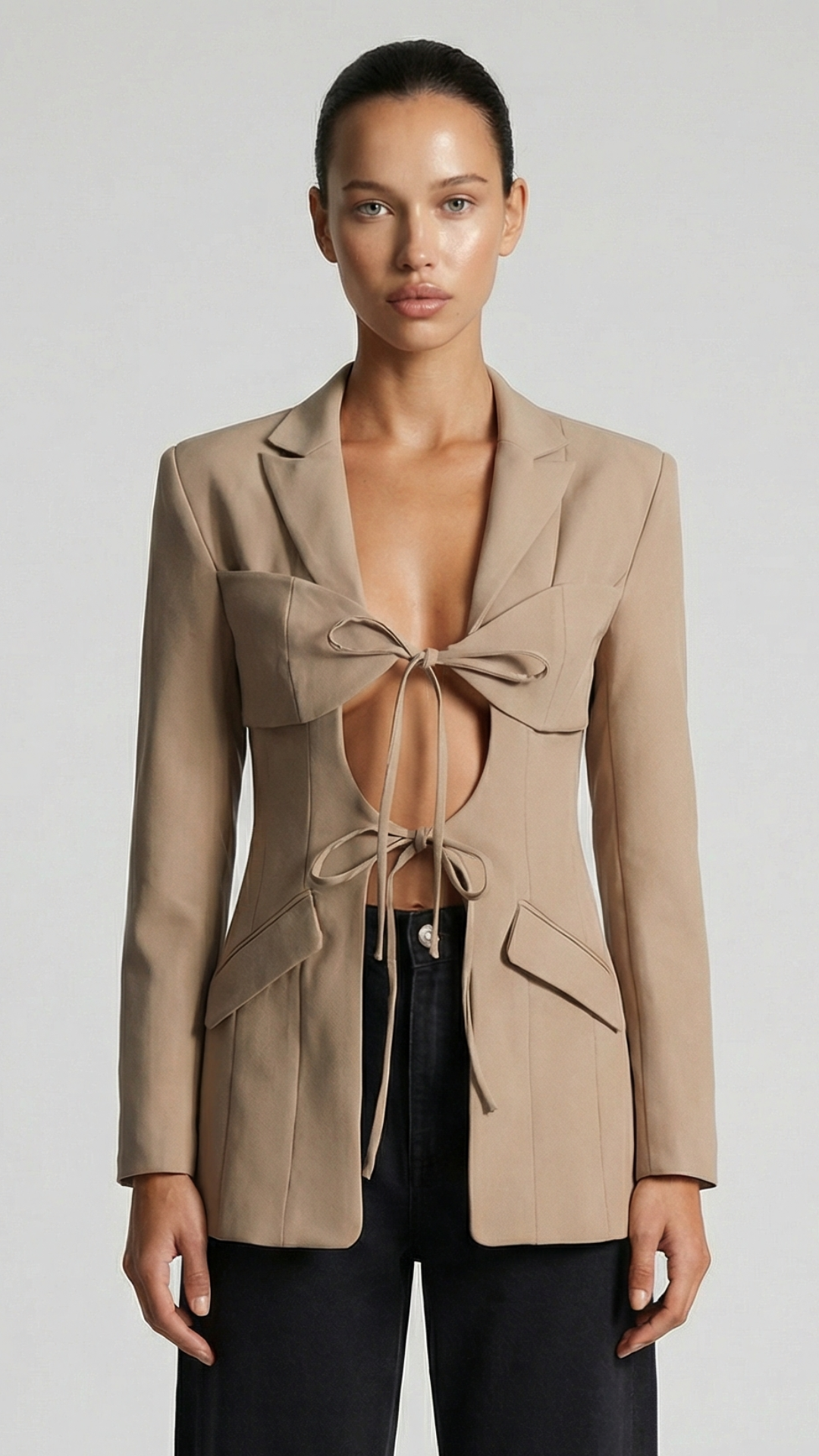 Beige Architectural Cut-Out Lace-Up Blazer Top