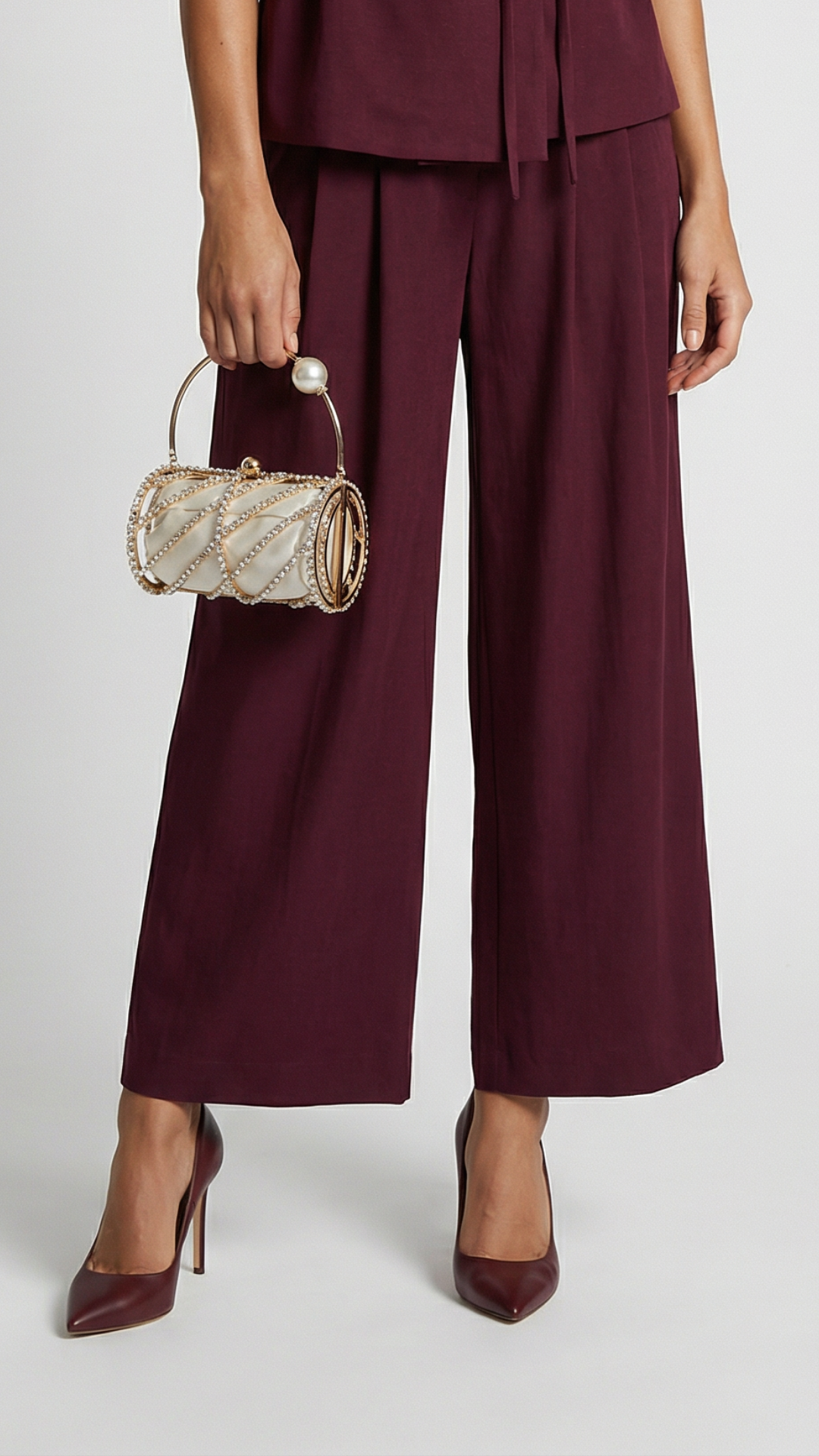 Burgundy Wide-Leg Tailored Trousers