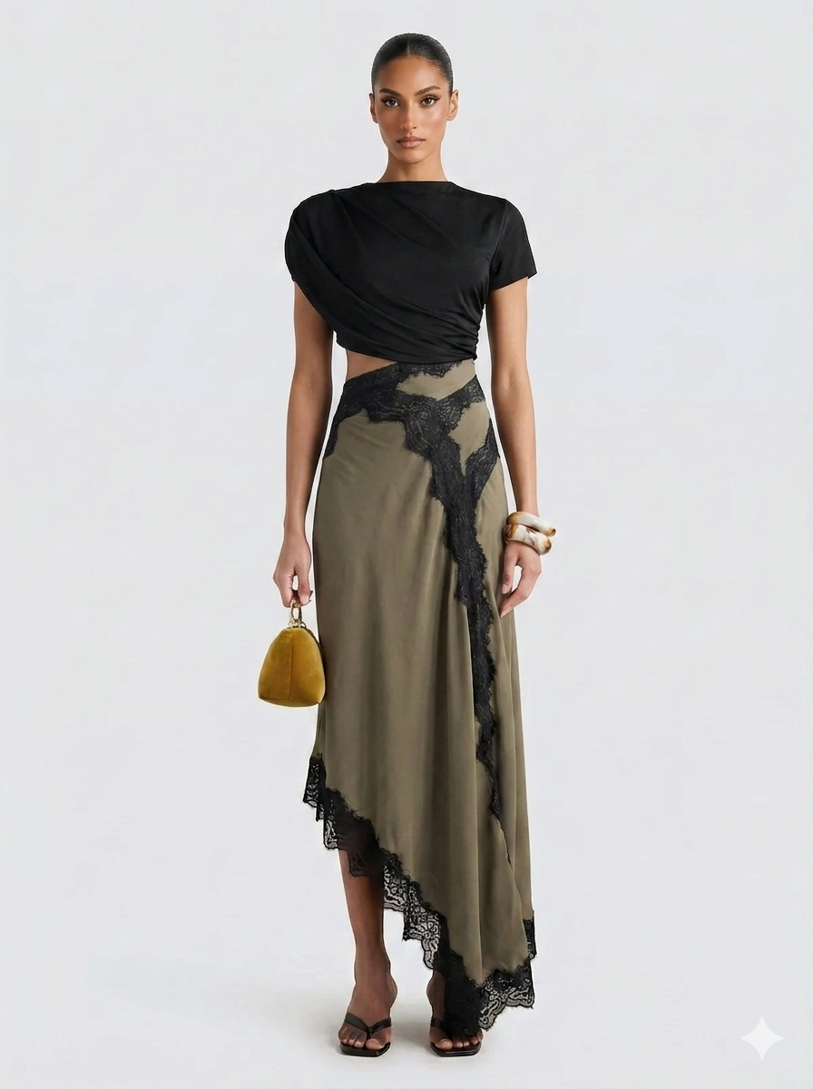 Chic Asymmetrical Top and Lace Maxi Skirt Set